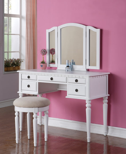 White vanity table with trifold mirror and matching stool
