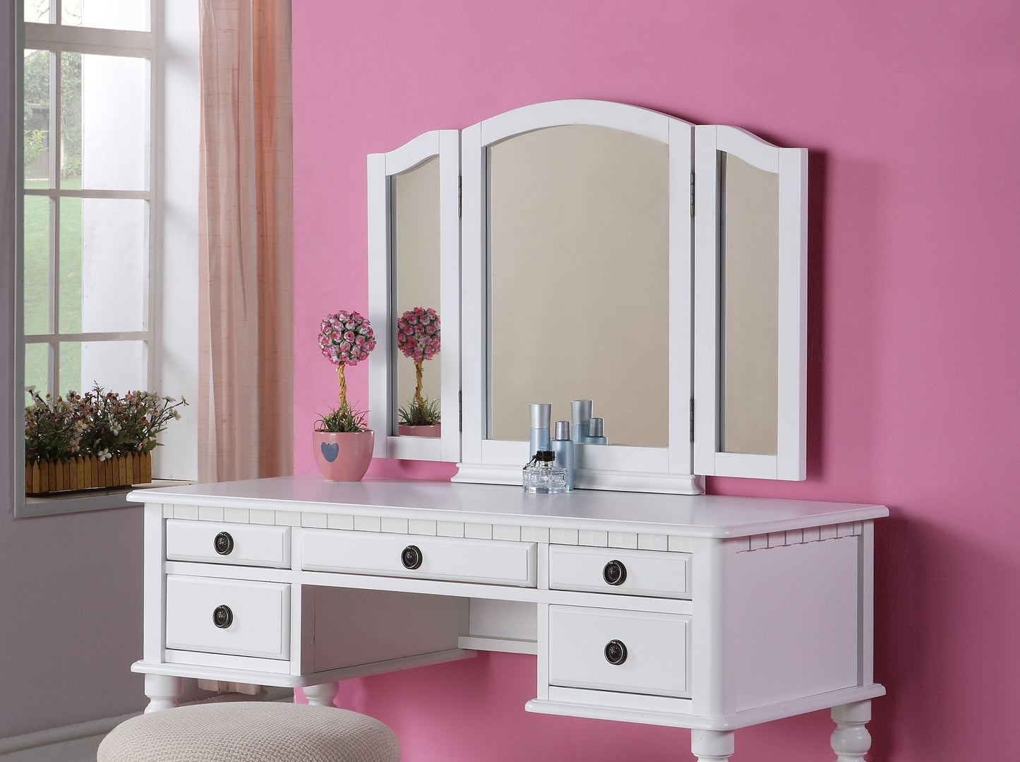 White vanity desk with trifold mirror and six drawers