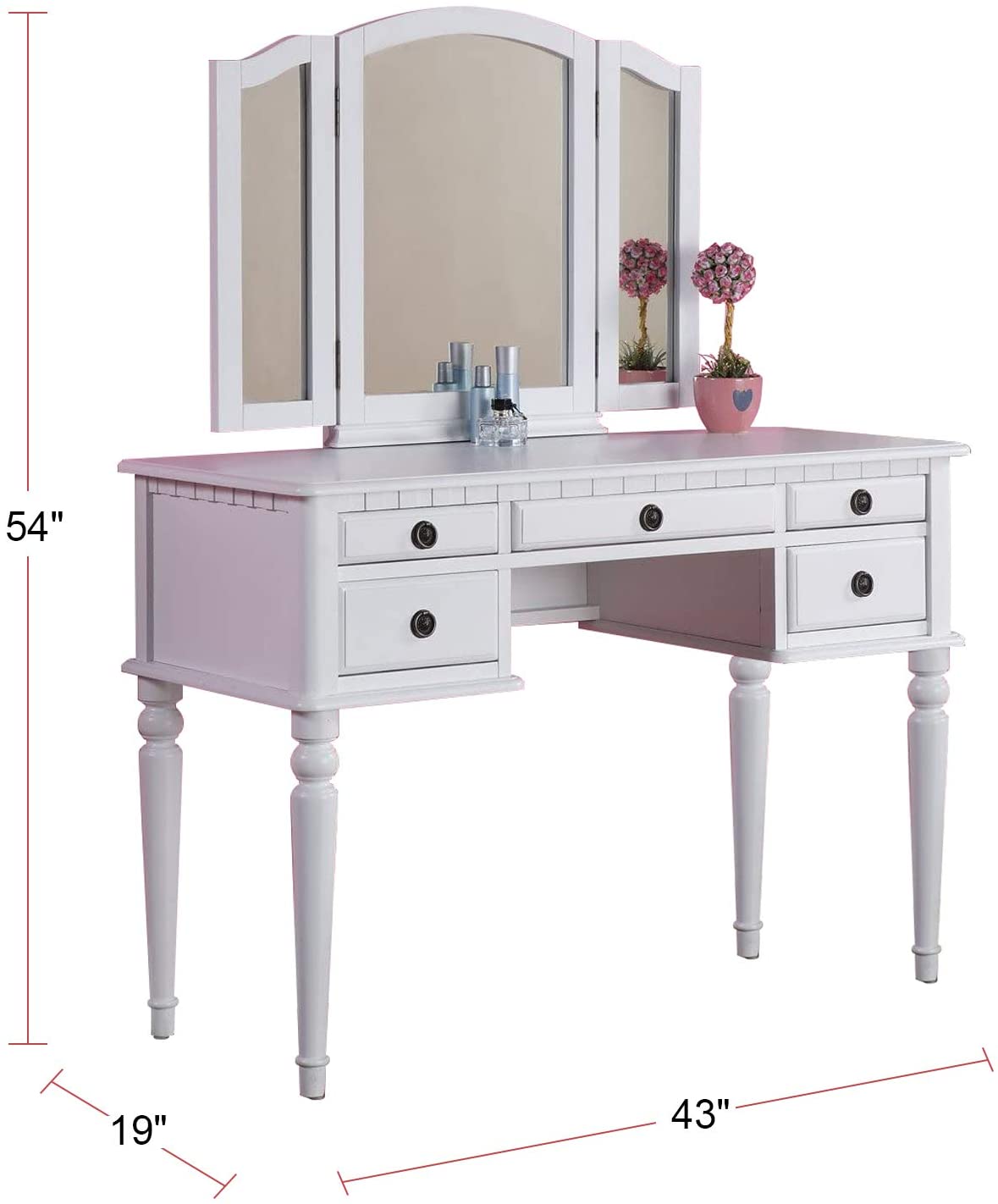 White wooden vanity desk with trifold mirror and five drawers