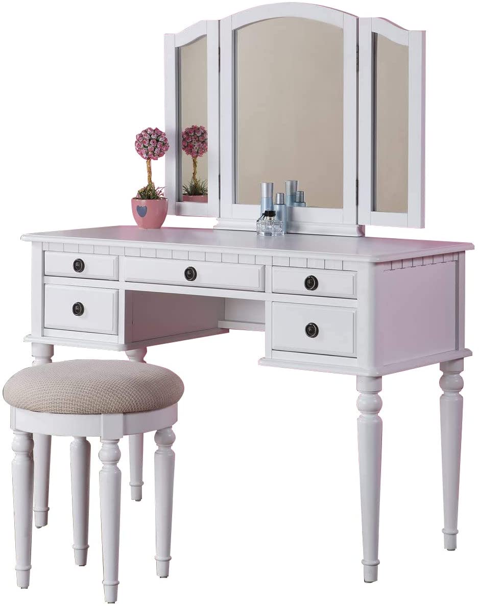 White vanity table with trifold mirror and upholstered stool