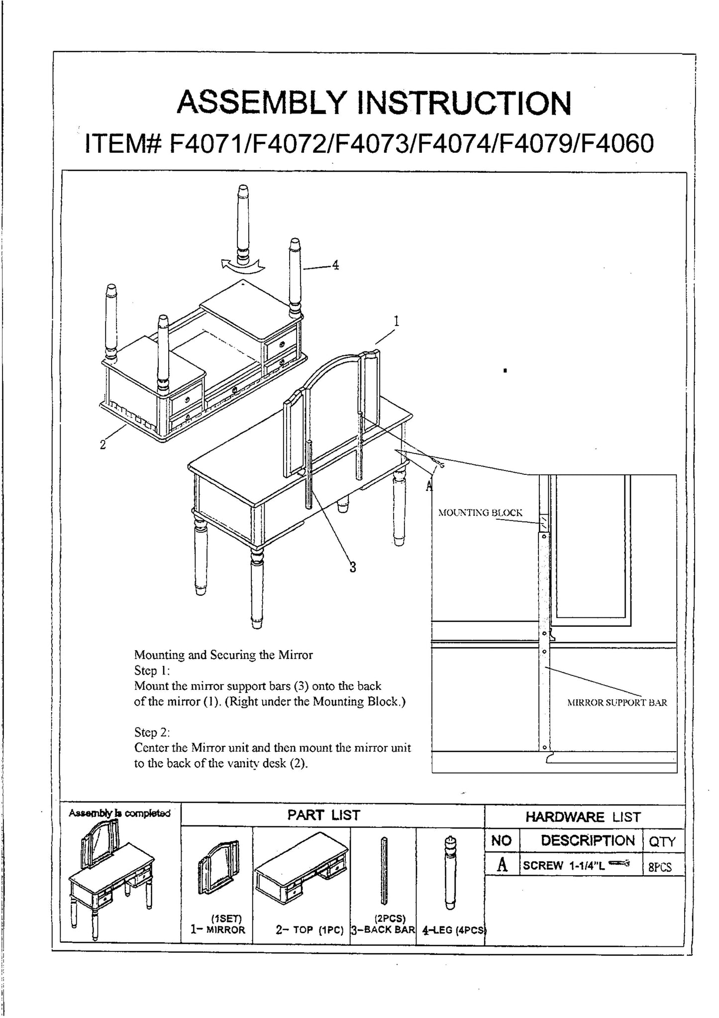 Vanity desk with attached mirror and drawers
