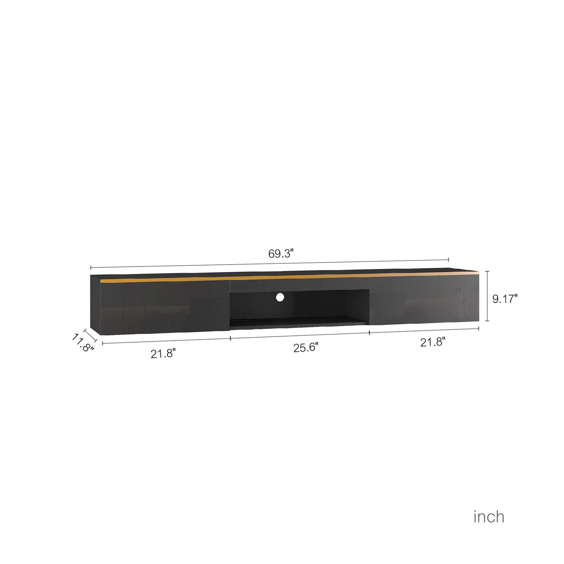 Modern gray media console with minimalist design and open shelving for entertainment systems