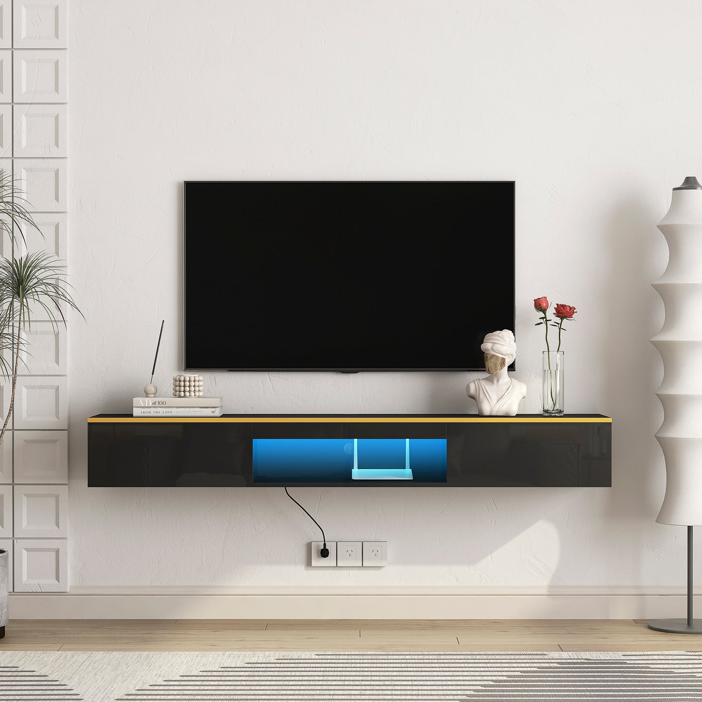 Modern black floating TV stand with yellow trim and blue LED lighting