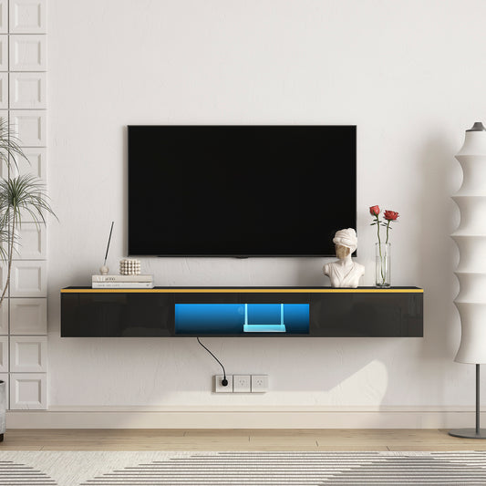 Modern black floating TV stand with yellow trim and blue LED lighting