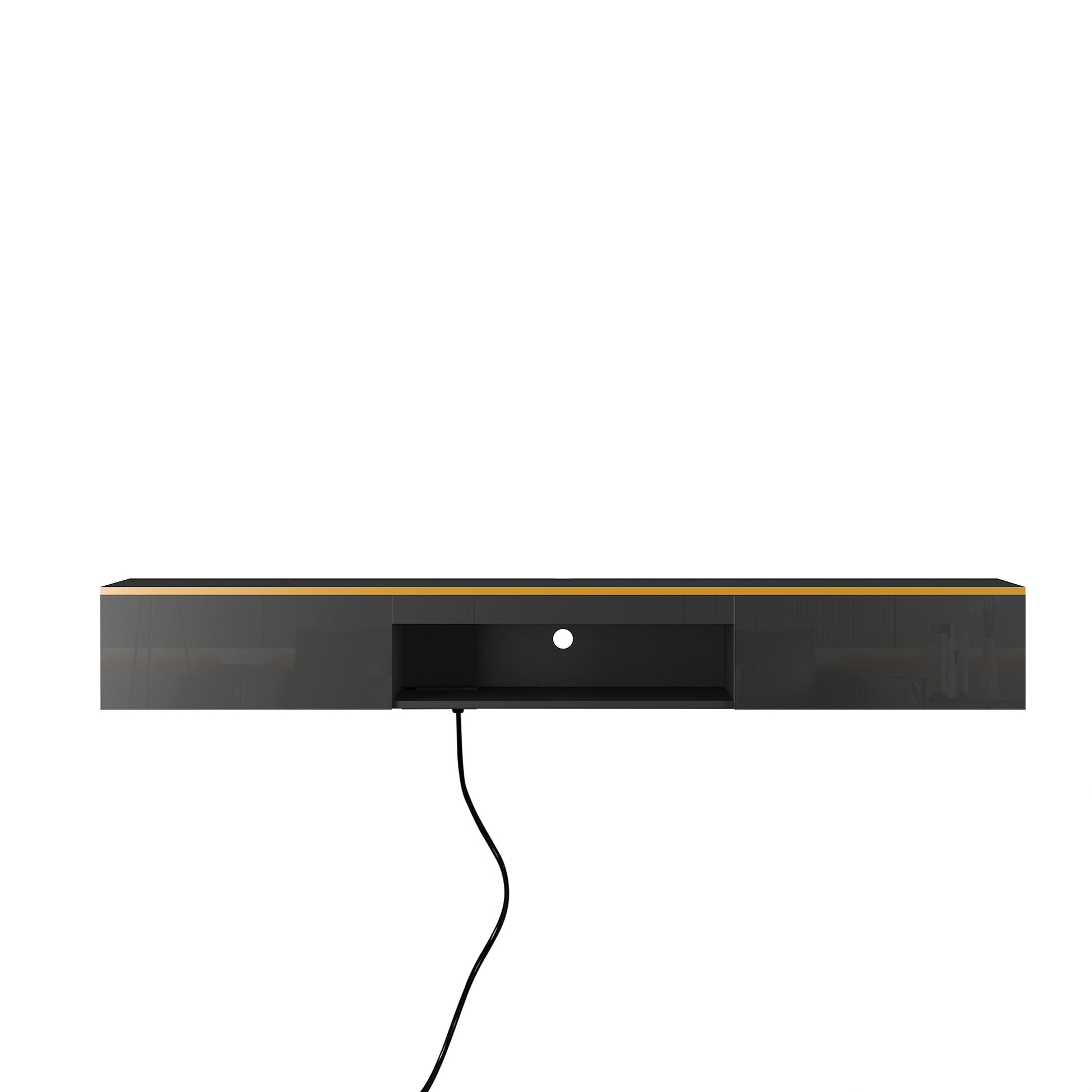 Sleek dark gray floating media console with a gold trim and open central shelf for electronics