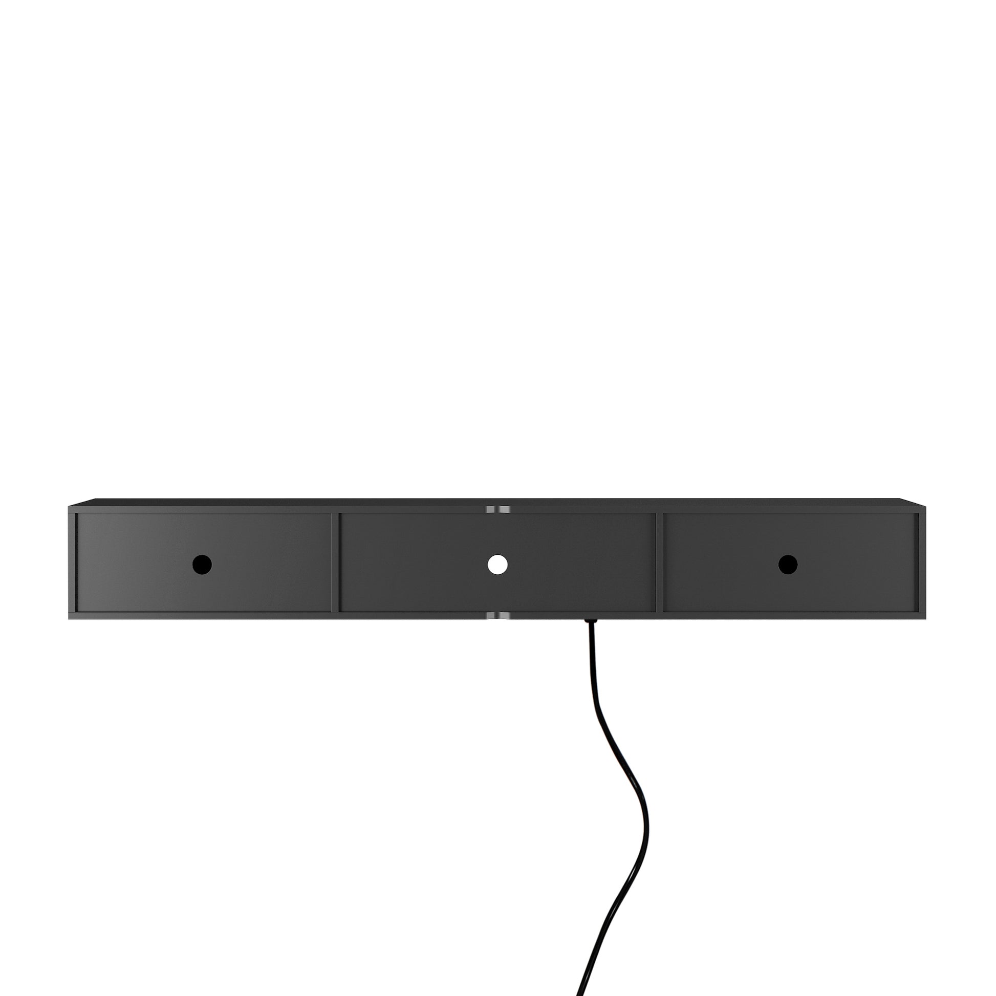 Sleek black floating media console with three drawers and cable management hole