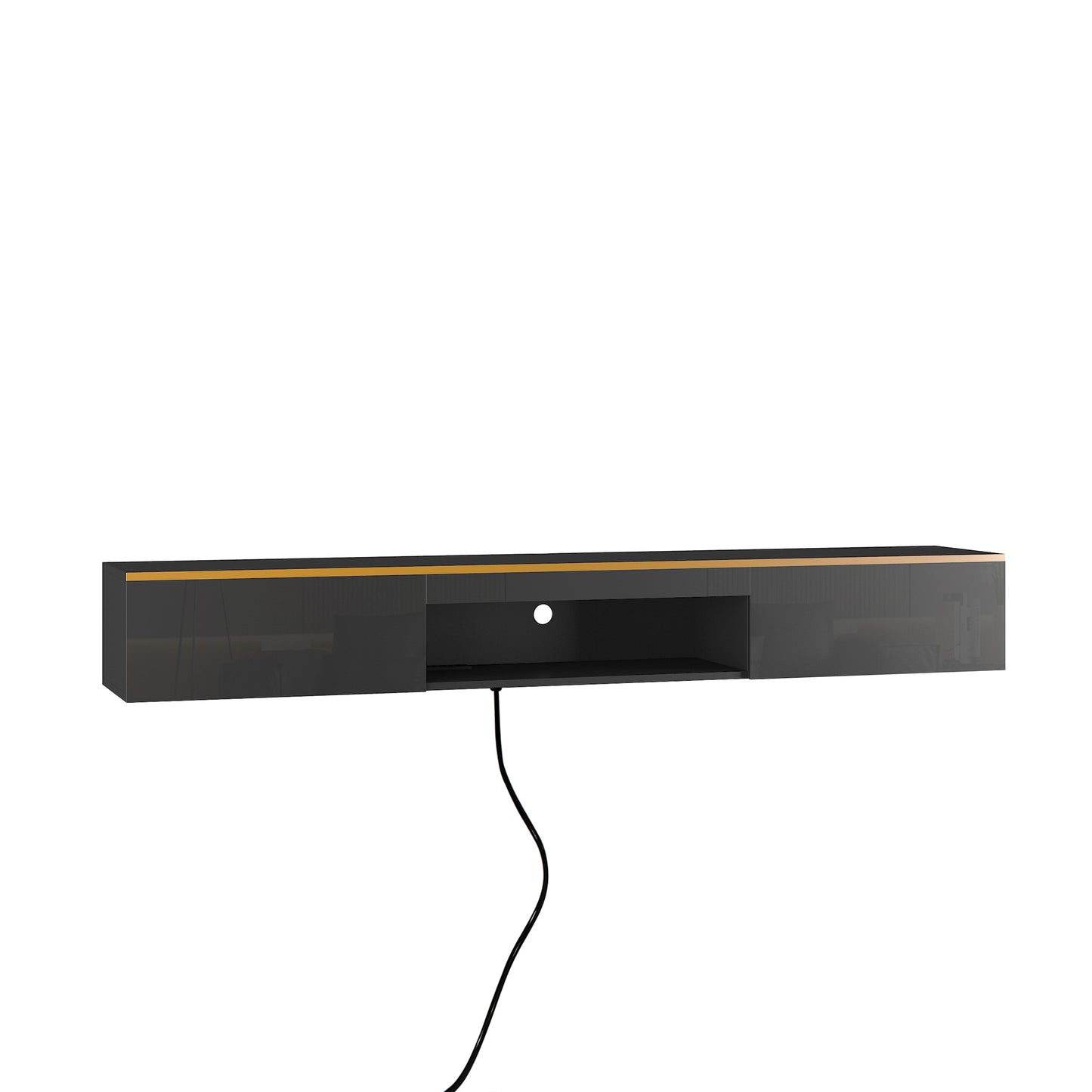 Sleek floating TV stand in dark grey with a subtle orange accent strip and open shelving
