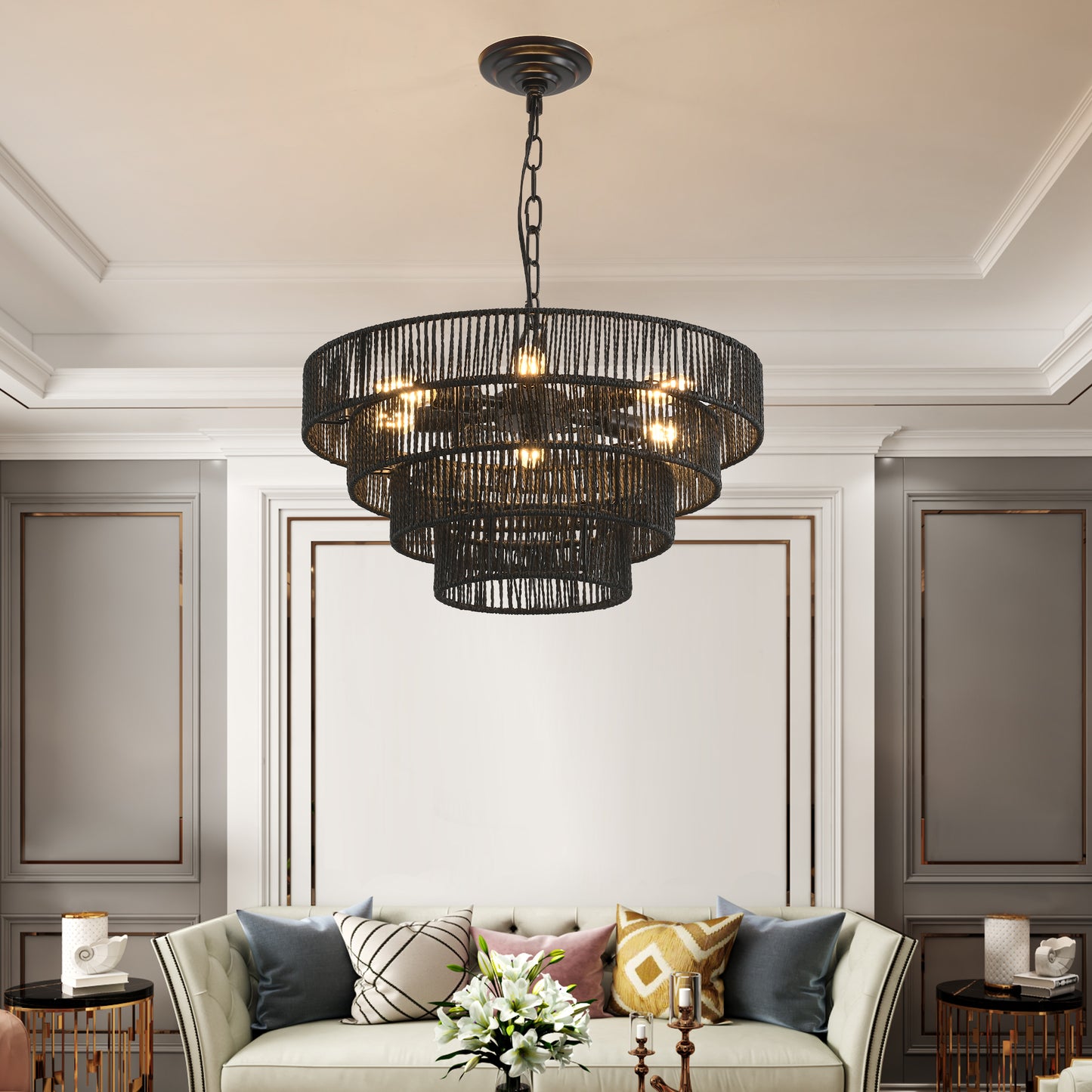 Black multitiered rope chandelier with warm LED bulbs modern dining room decor