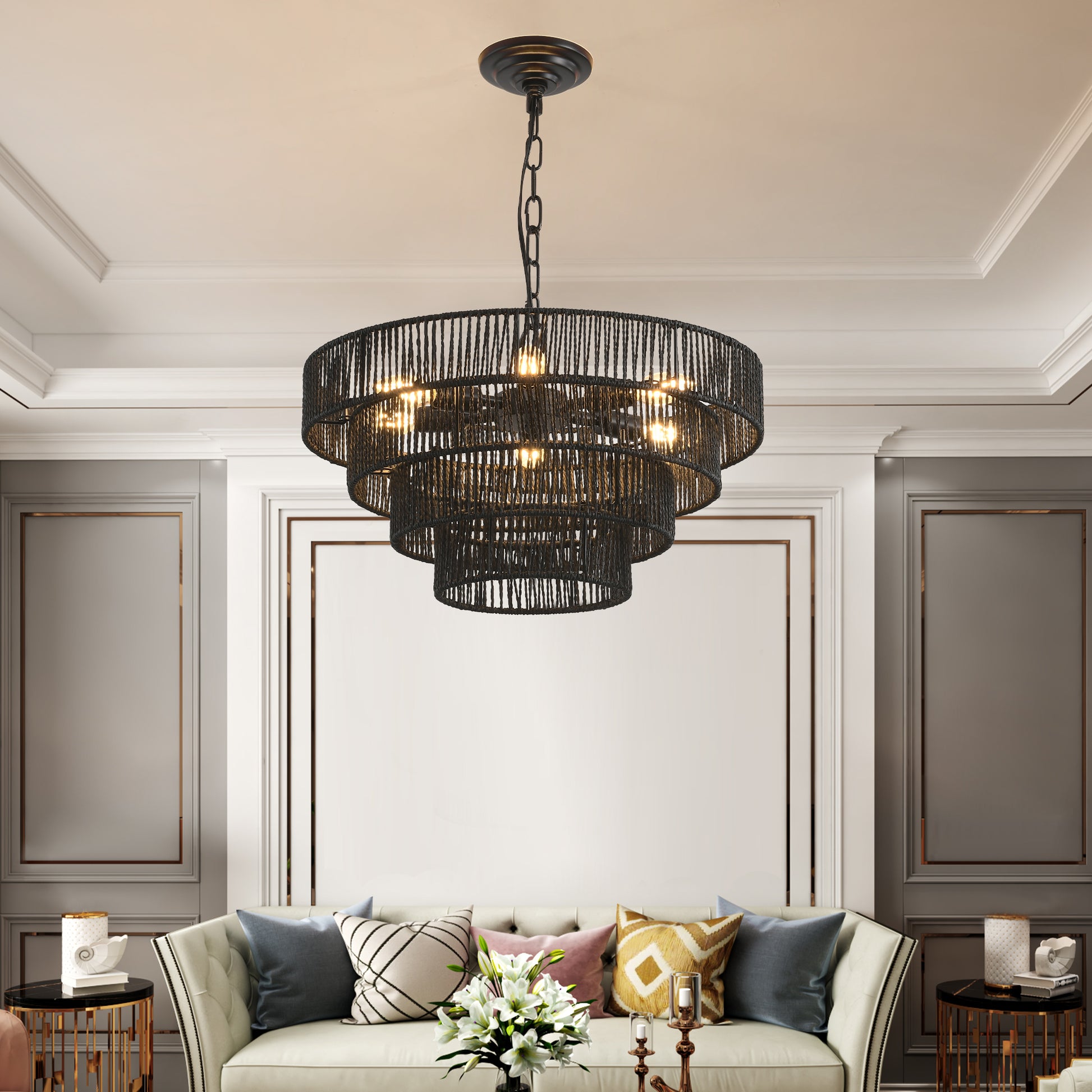 Black multitiered rope chandelier with warm LED bulbs modern dining room decor