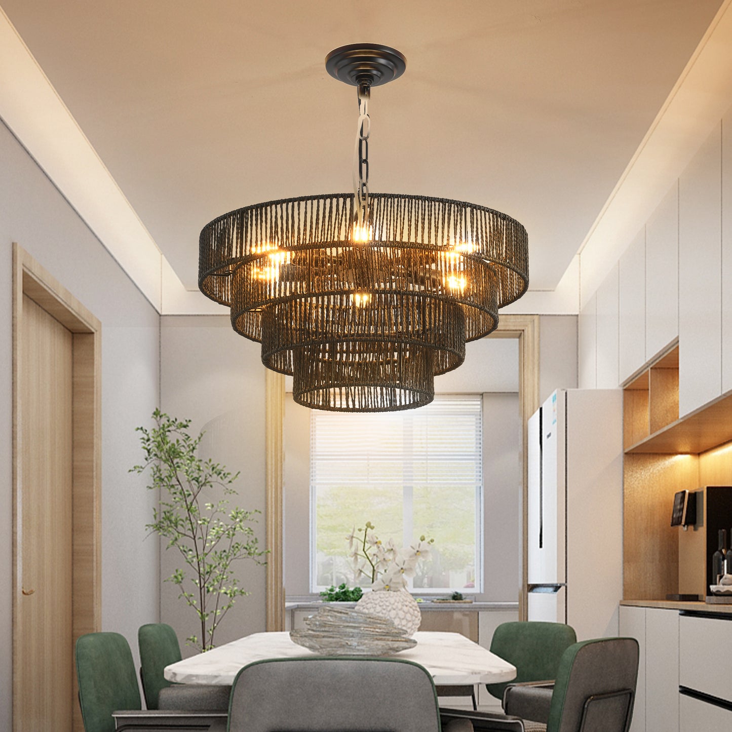 Multitiered black woven chandelier with warm Edison bulbs illuminating a dining room setting