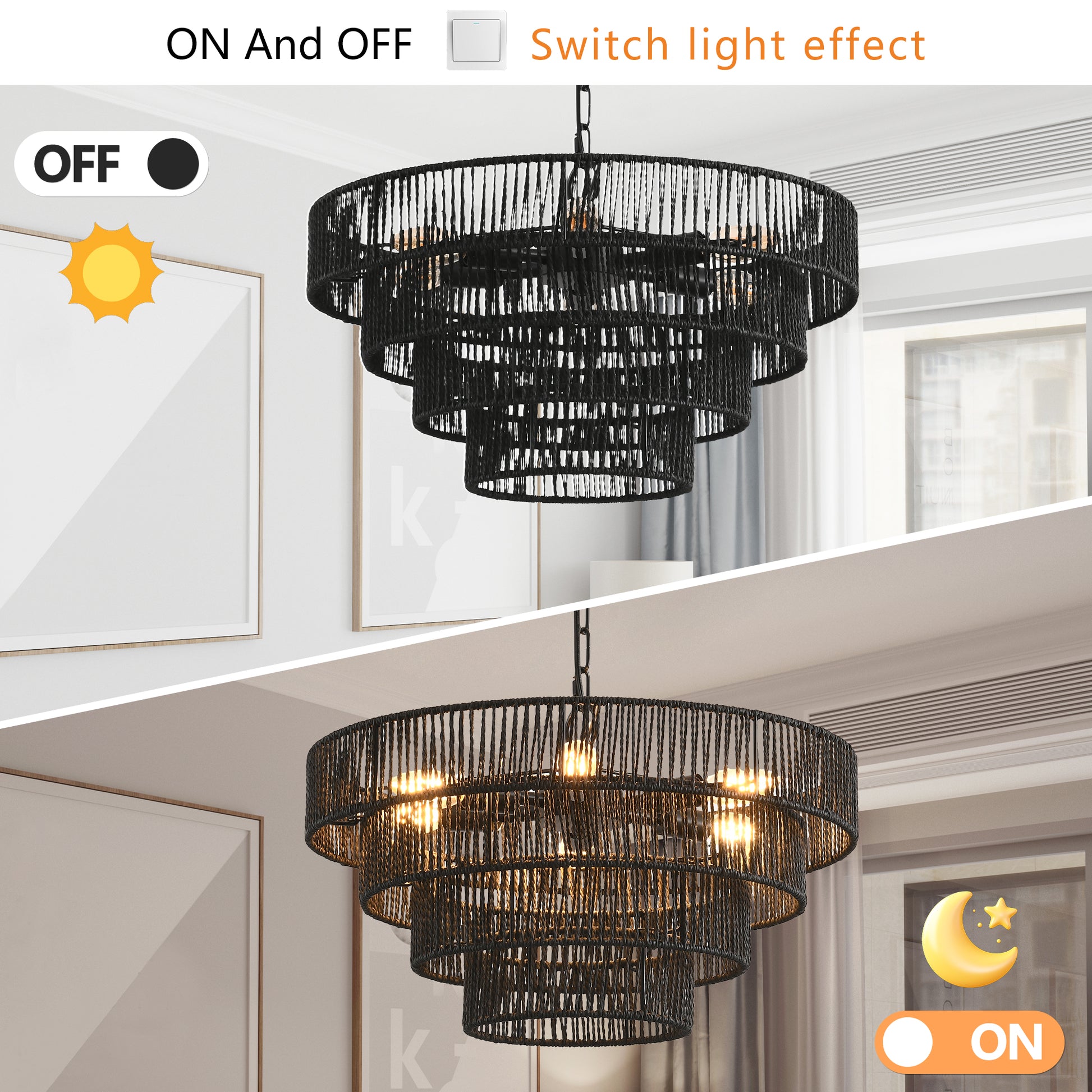 Black tiered rattan chandelier with woven texture and warm light effect