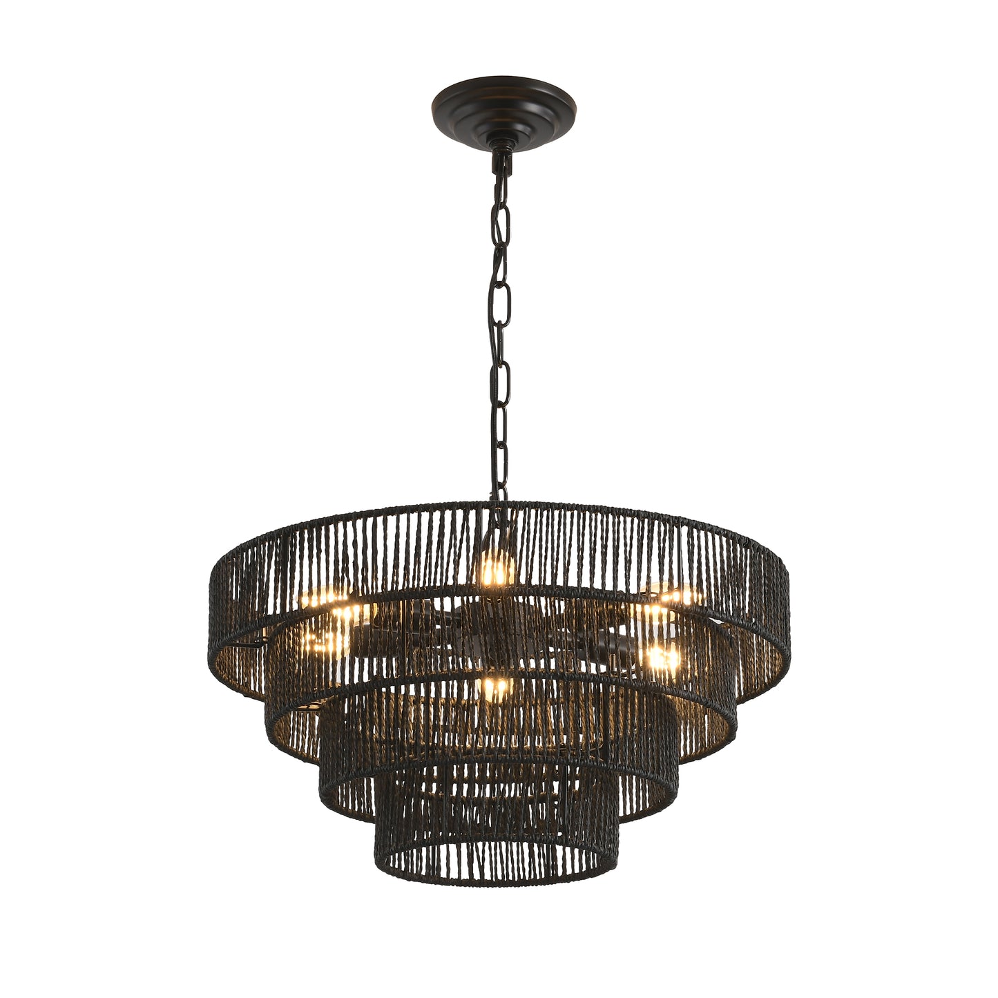 Black layered rope chandelier with warm glowing bulbs ideal for modern dining rooms