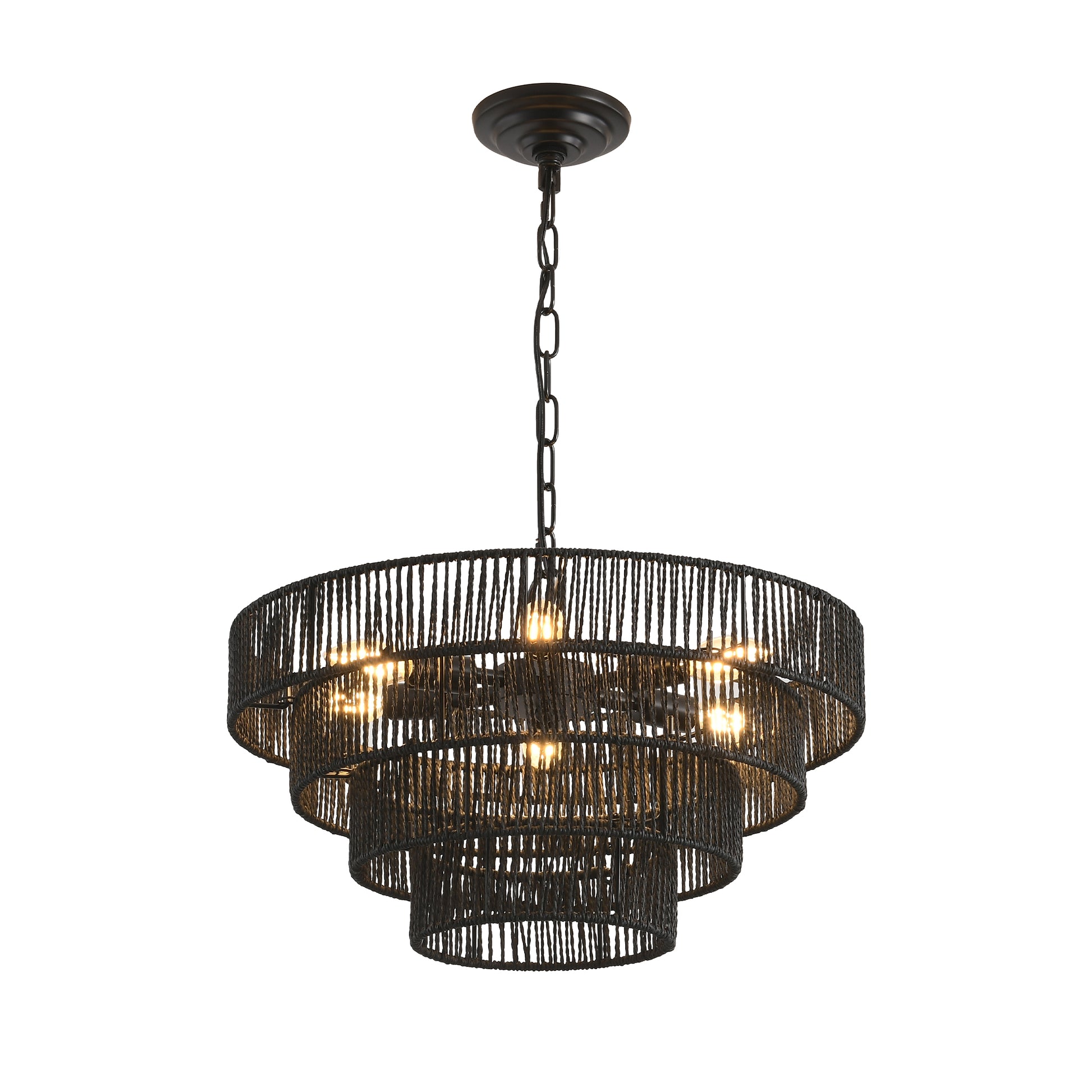 Black layered rope chandelier with warm glowing bulbs ideal for modern dining rooms
