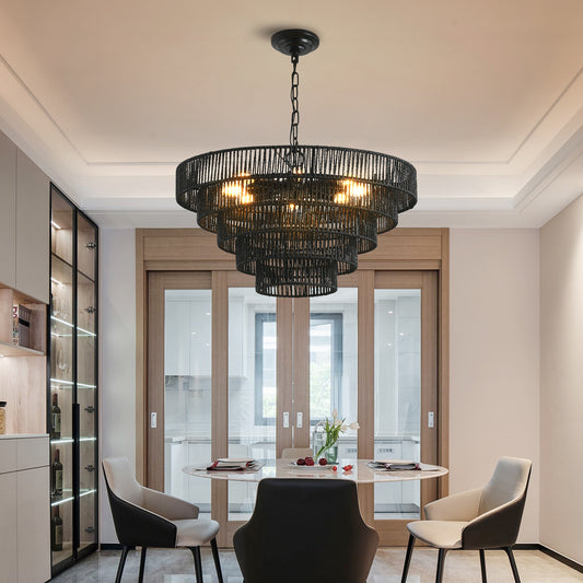 Black tiered pendant chandelier with natural rope accents perfect for dining rooms