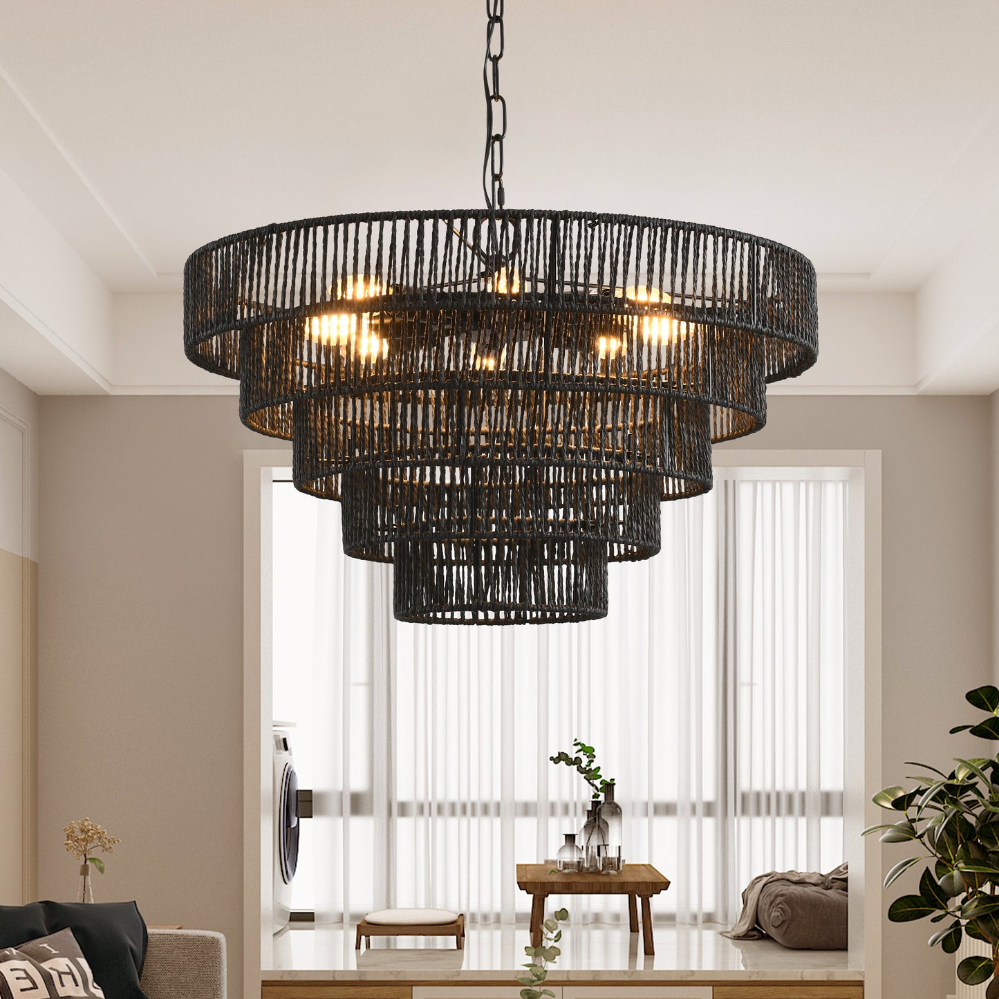 Black tiered rope chandelier with exposed bulbs for rustic dining rooms