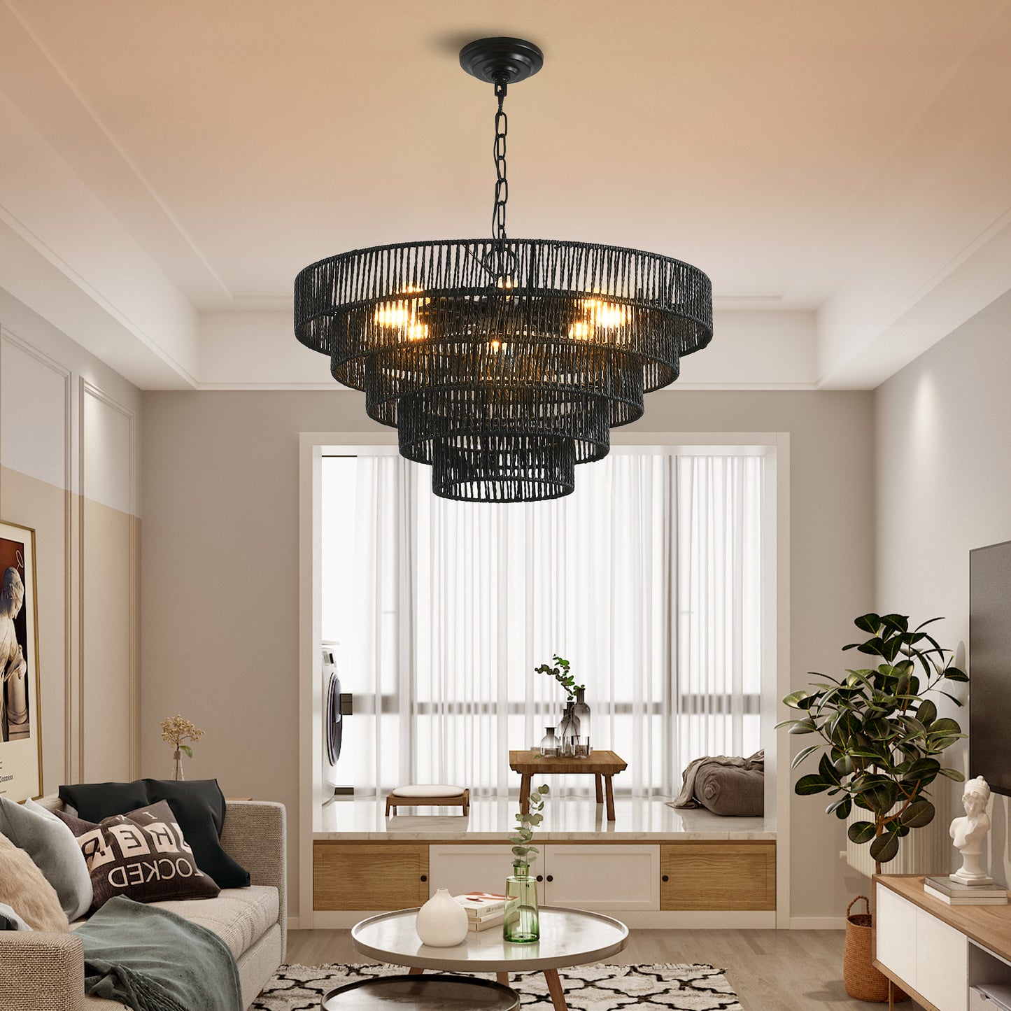 Black tiered rope chandelier with exposed bulbs providing warm ambient lighting
