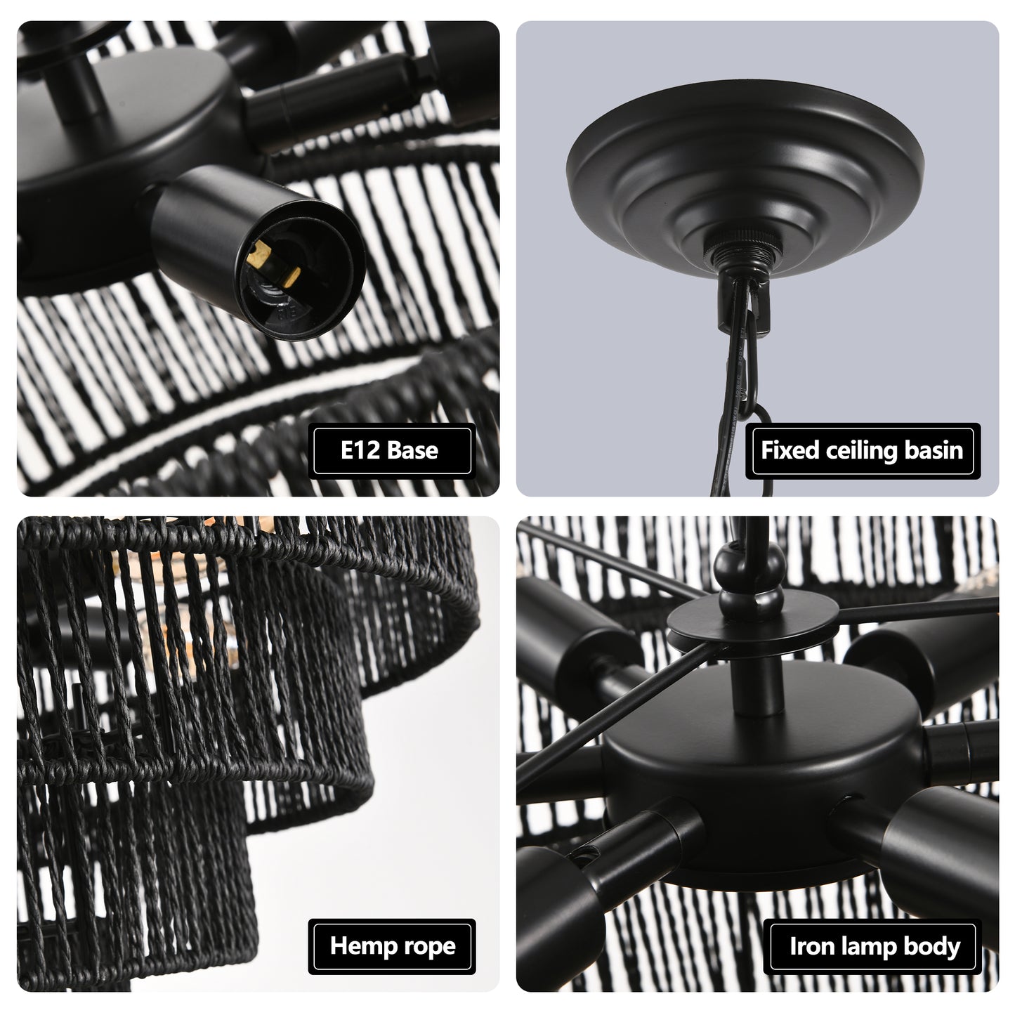 Black chandelier with E base bulb sockets and woven hemp rope shades