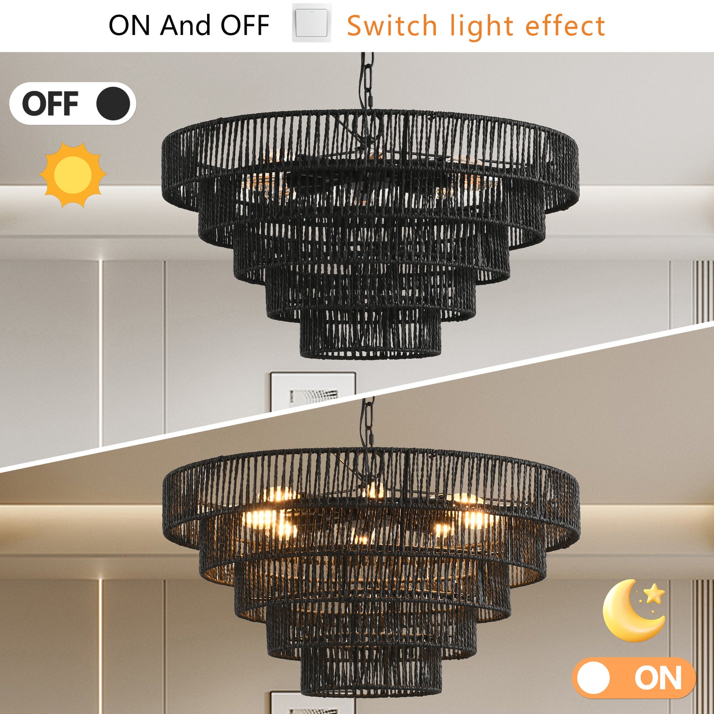 Black tiered rattan chandelier with warm light creating a cozy ambiance