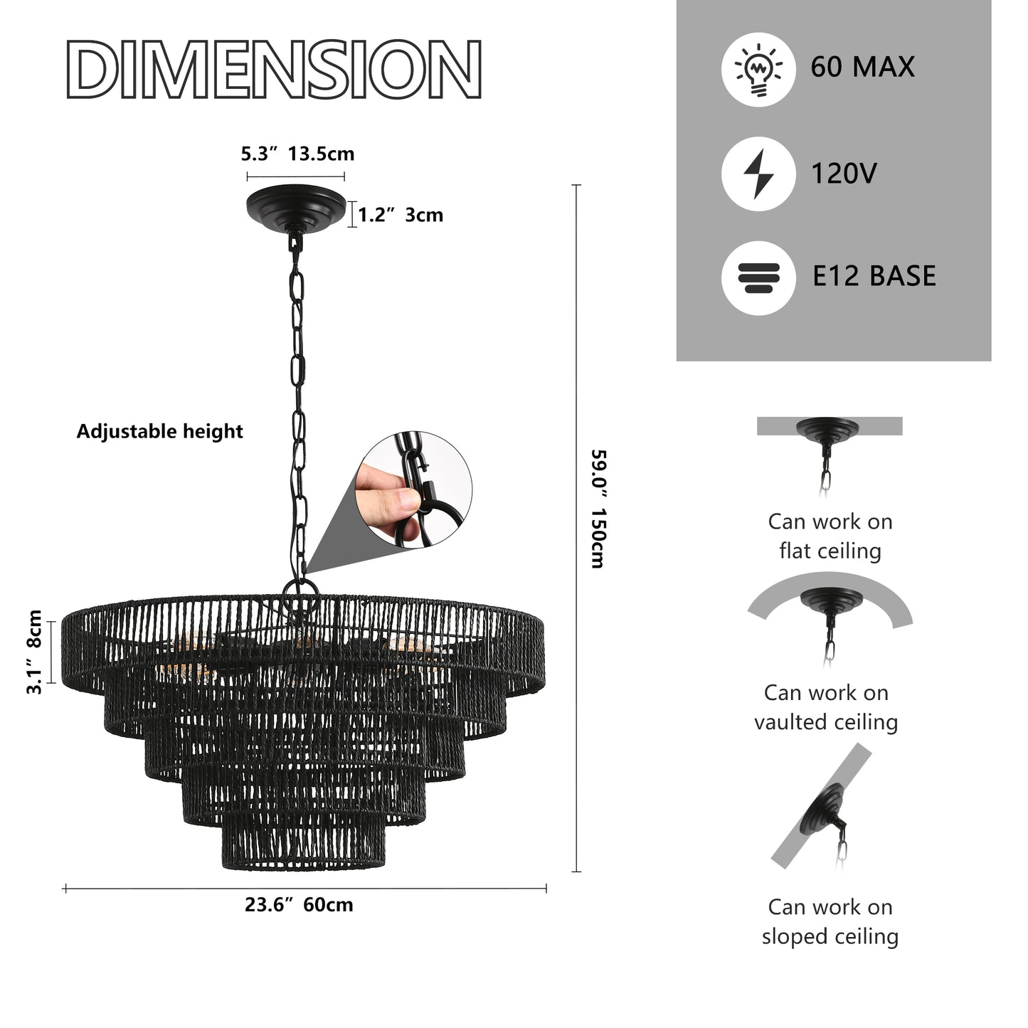 Tiered black rattan chandelier with adjustable height and E base for dining room