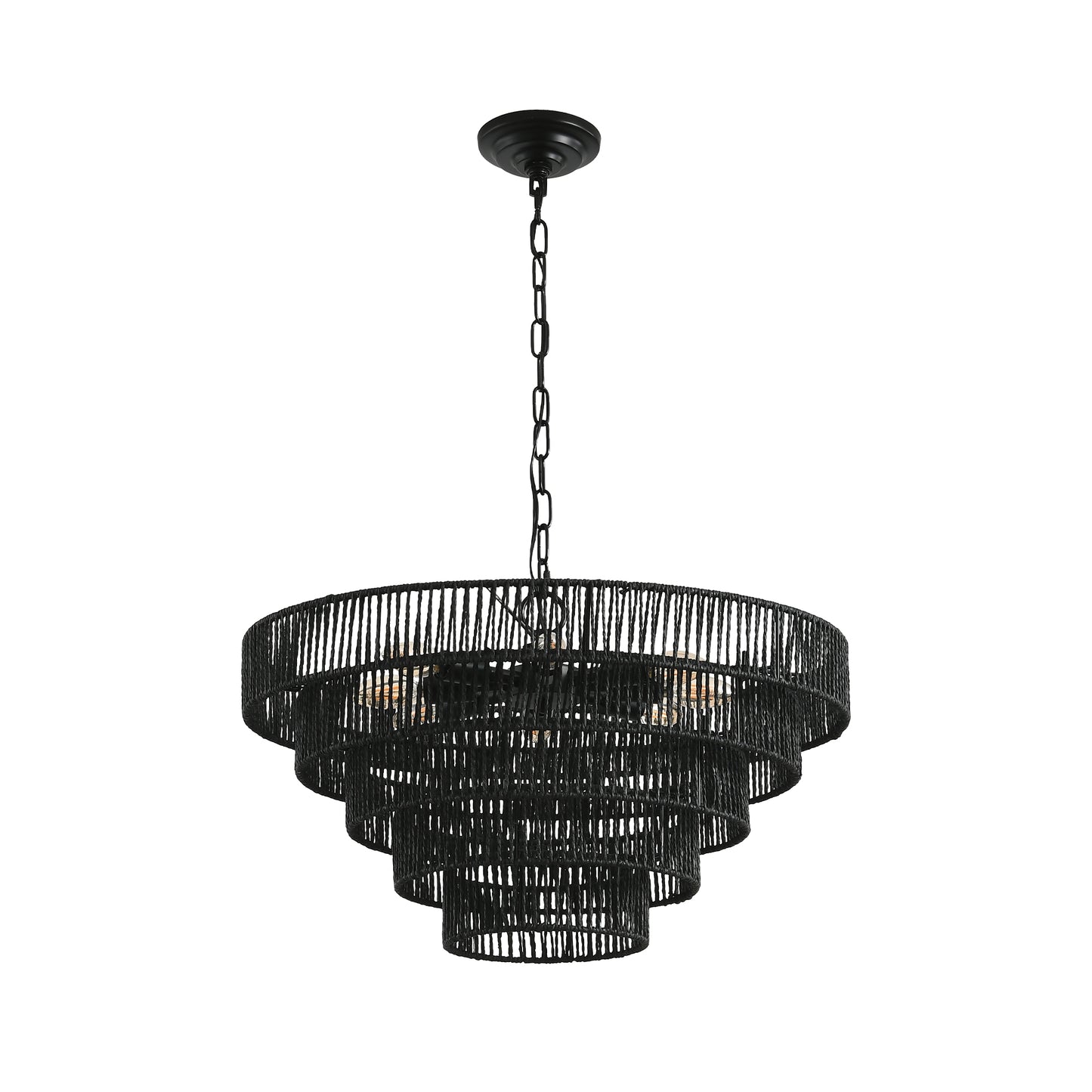 Tiered black woven pendant light with exposed bulbs ideal for bohemian dining rooms