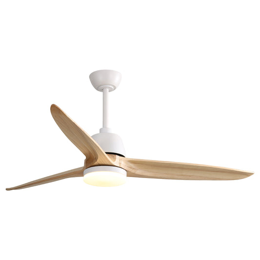 Modern white ceiling fan with natural wood blades and integrated LED light