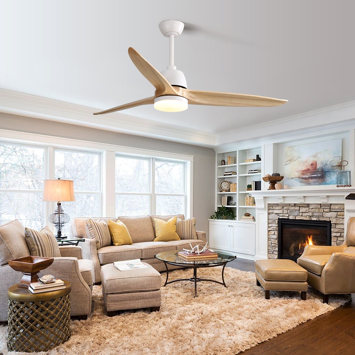 Modern white ceiling fan with natural wood blades and integrated LED light fixture