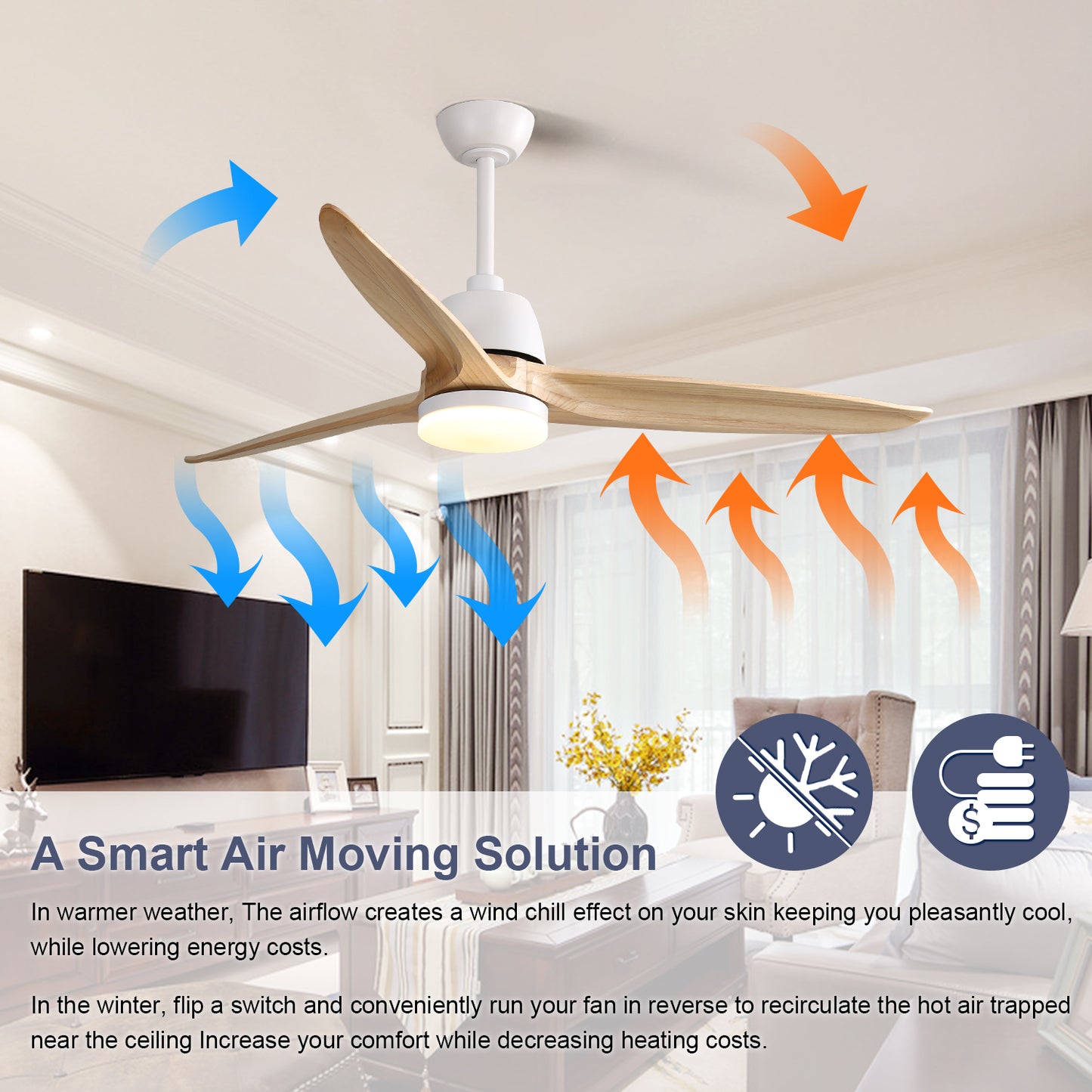 White modern ceiling fan with natural wood blades and LED light