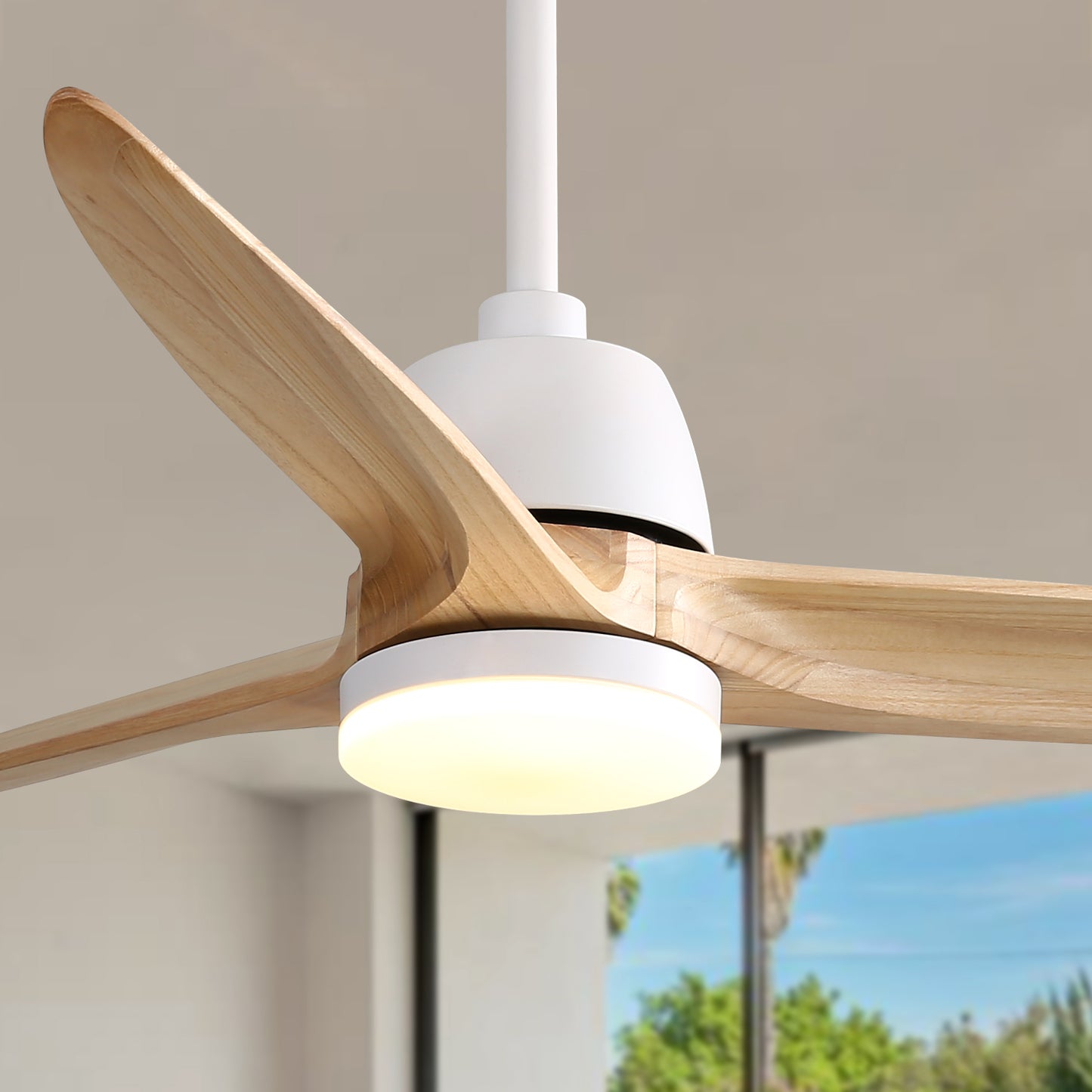 Modern white ceiling fan with natural wood blades and integrated LED light