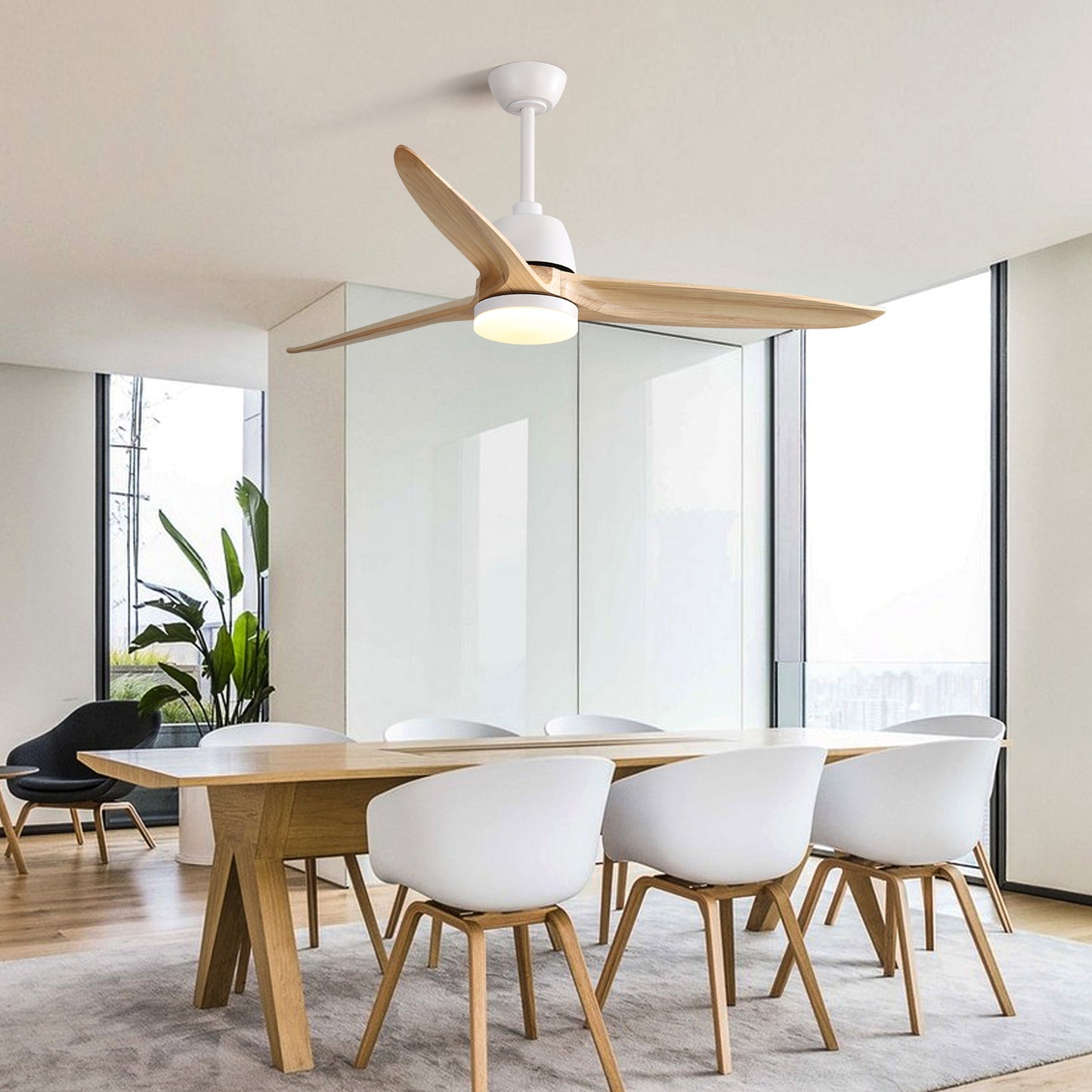 Modern white ceiling fan with natural wood blades and integrated LED light fixture