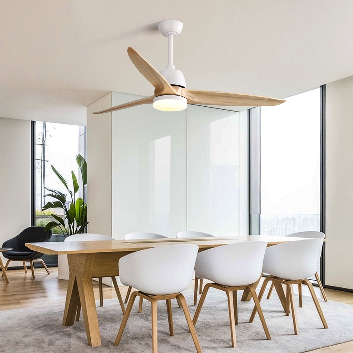 Modern white ceiling fan with natural wood blades and integrated LED light fixture