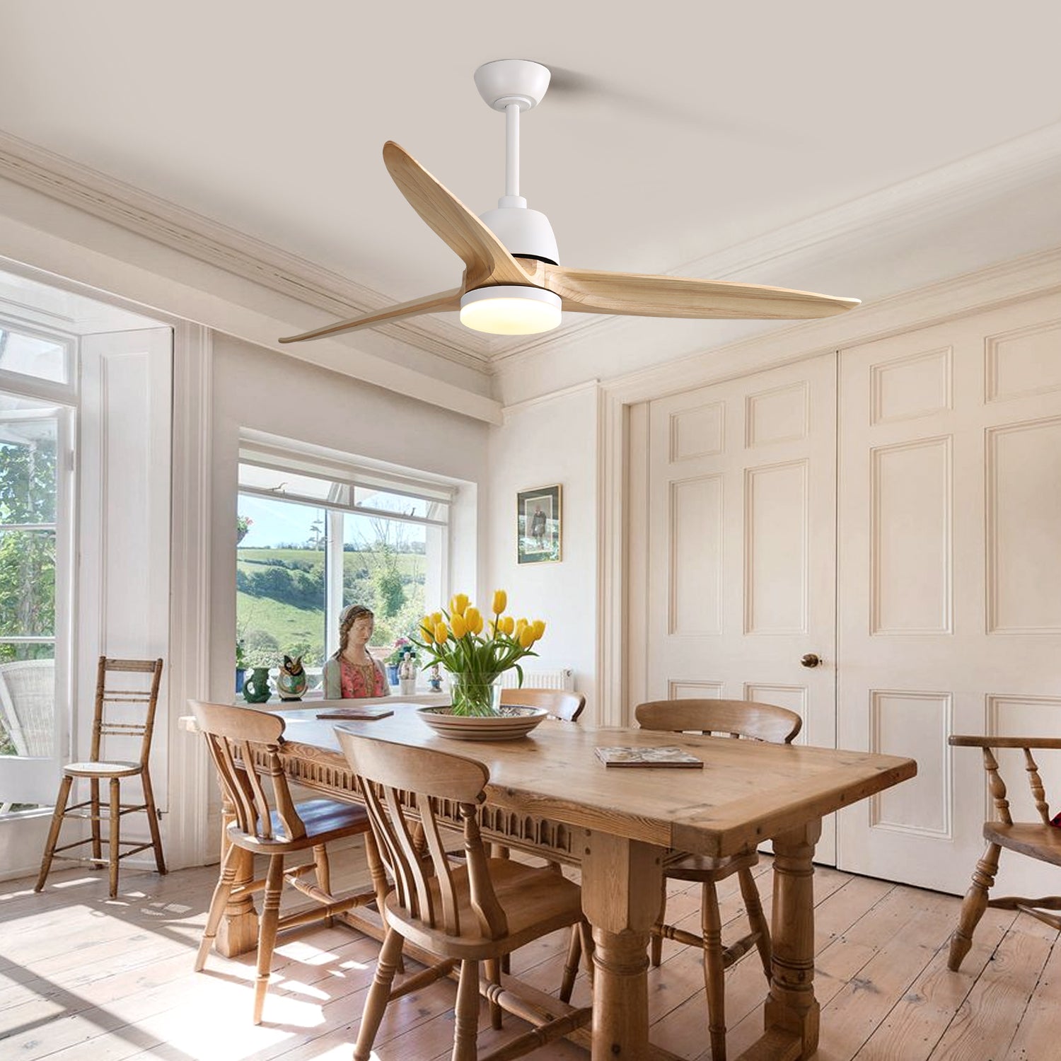 Modern white ceiling fan with natural wood blades and integrated LED light