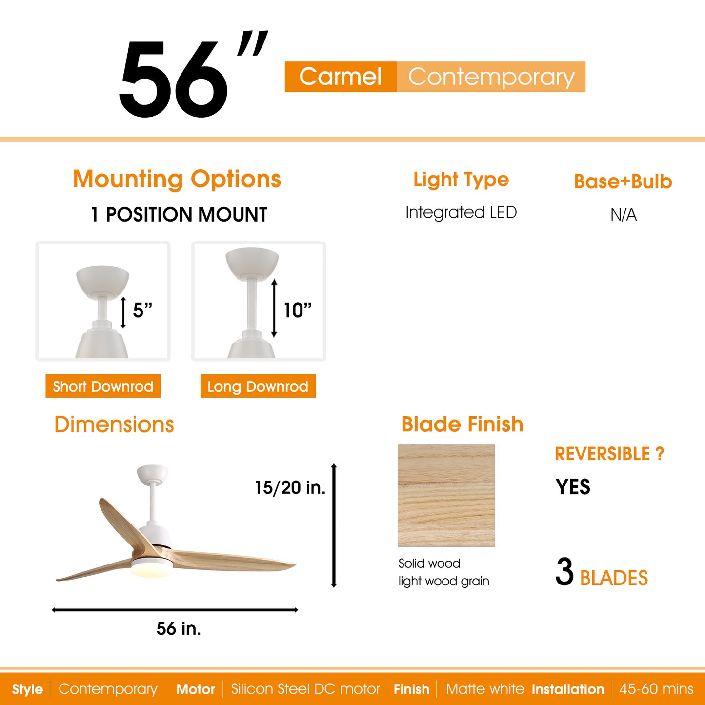 inch Carmel contemporary ceiling fan with white motor and light wood blades