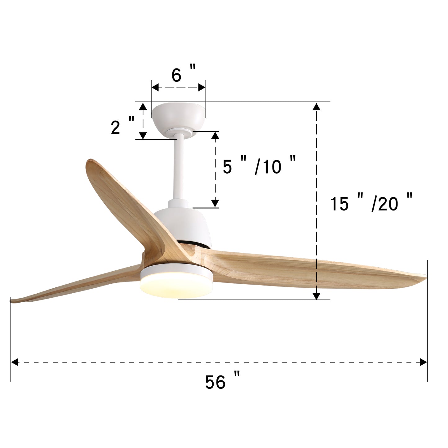 White ceiling fan with light and natural wood blades  inch diameter