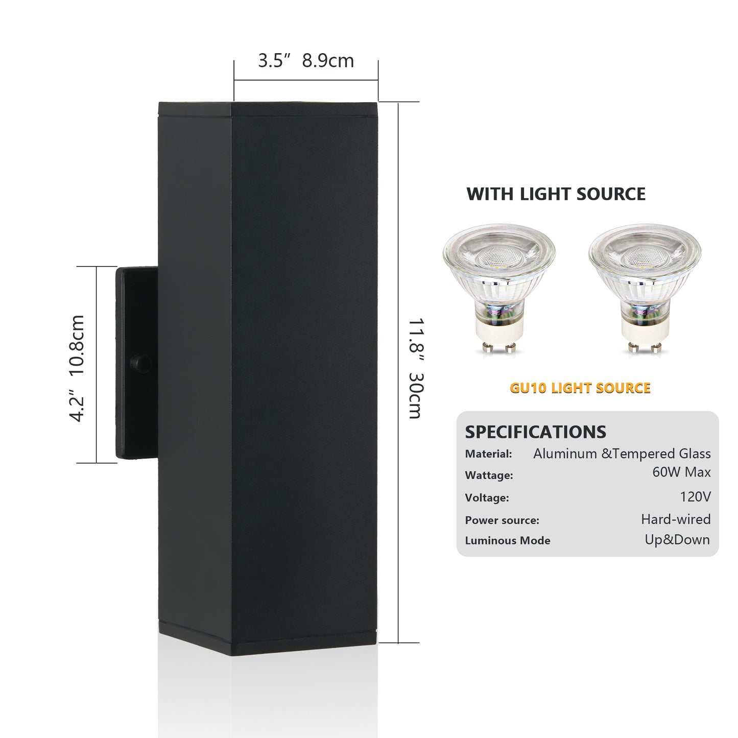 Black aluminum wall light fixture with up  down illumination