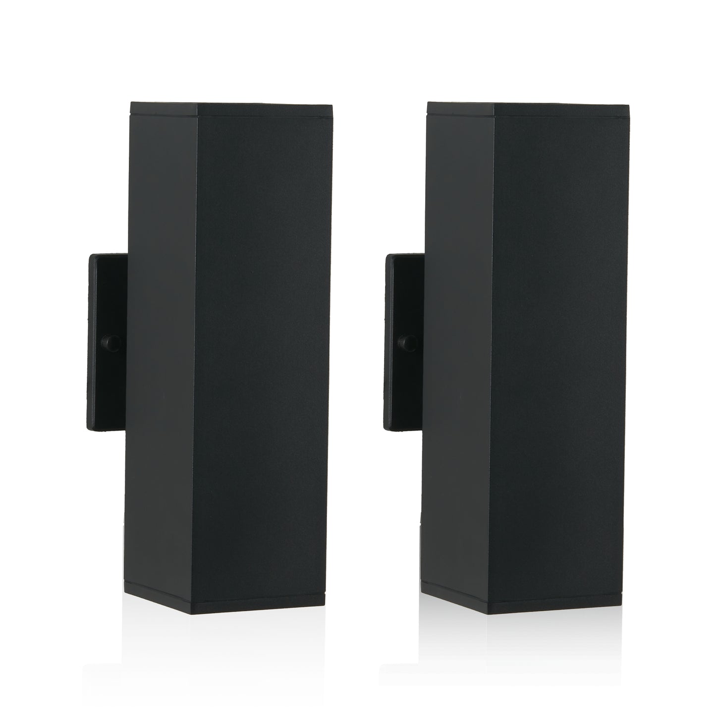 Two modern black metal outdoor wall sconces with a minimalist rectangular design