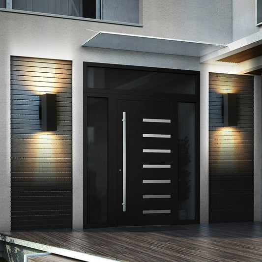 Modern black front door with sleek silver horizontal accents and glass panel