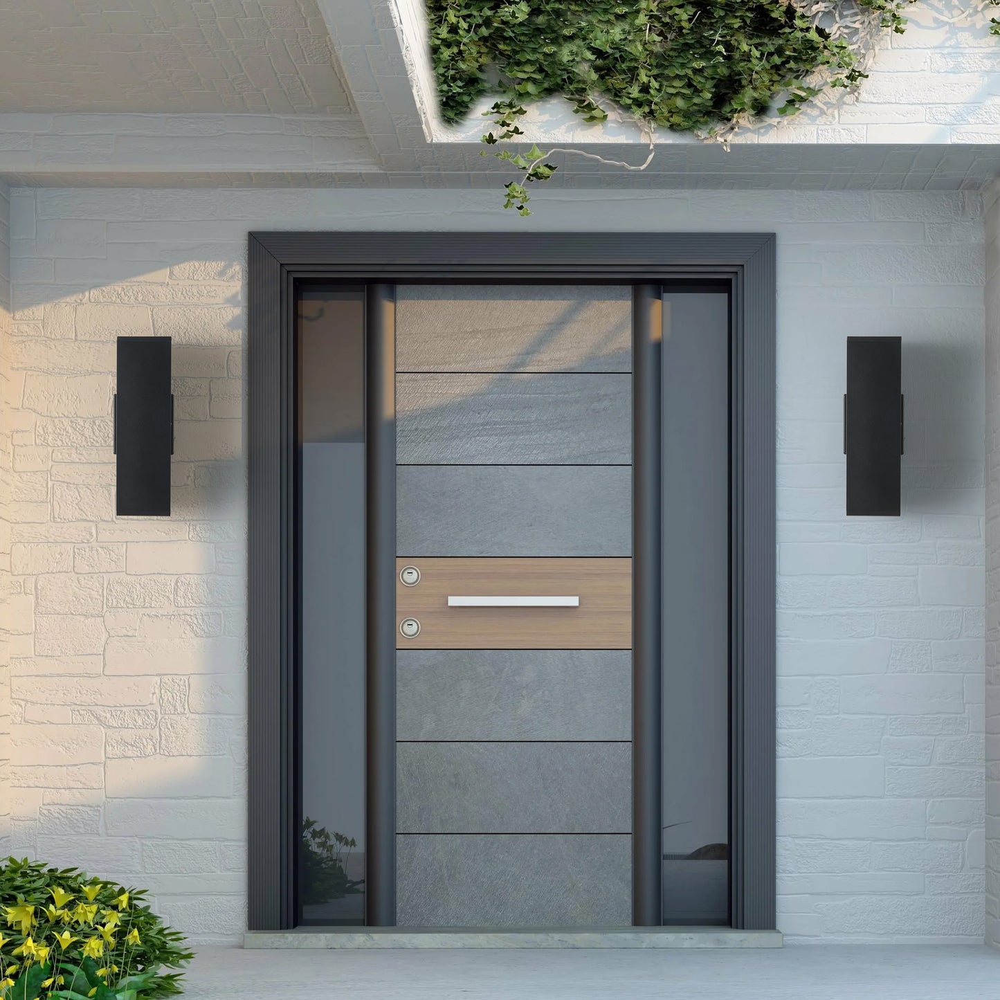 Modern grey and wood front door with sleek horizontal handle and integrated security features