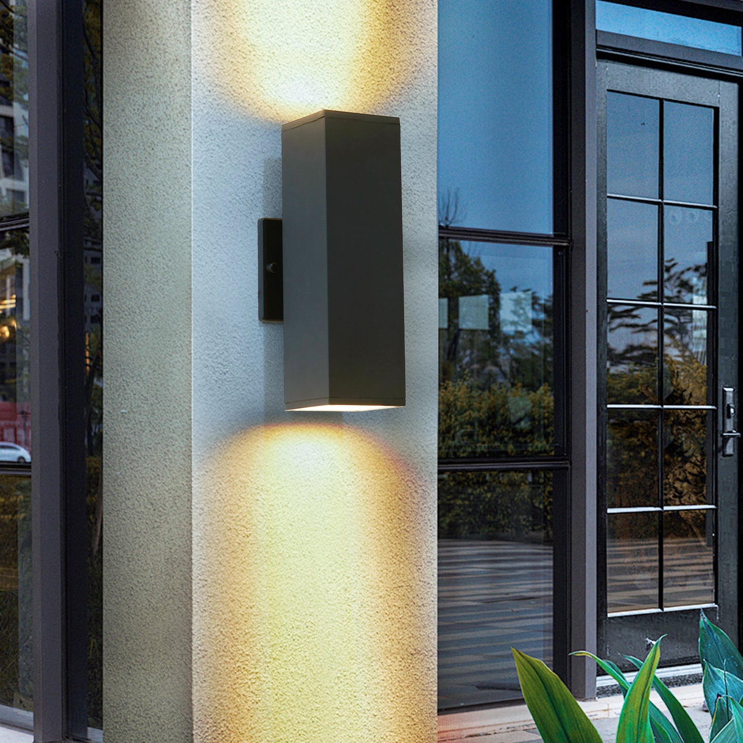 Modern dark grey rectangular outdoor wall light with upward and downward illumination