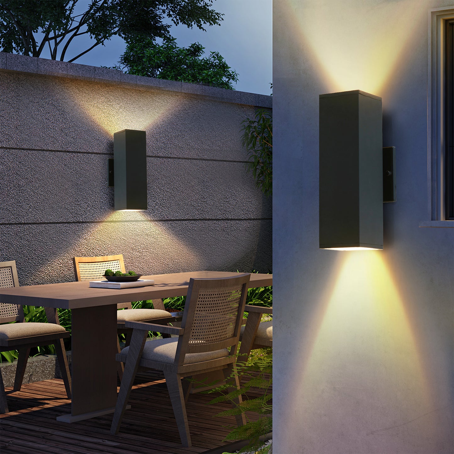 Modern black rectangular outdoor wall light casting upward and downward beams