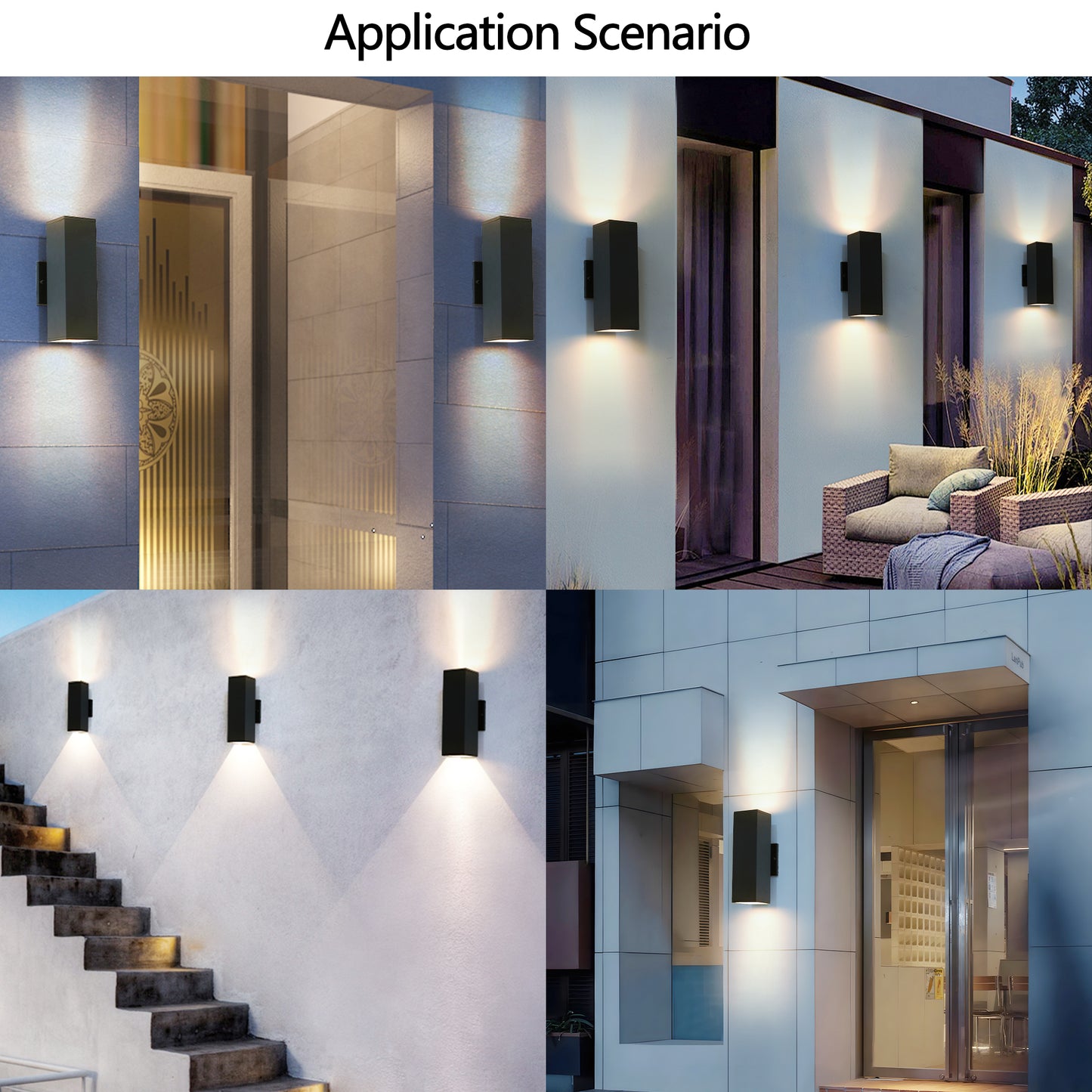 Black modern up down outdoor wall light illuminating stone facade