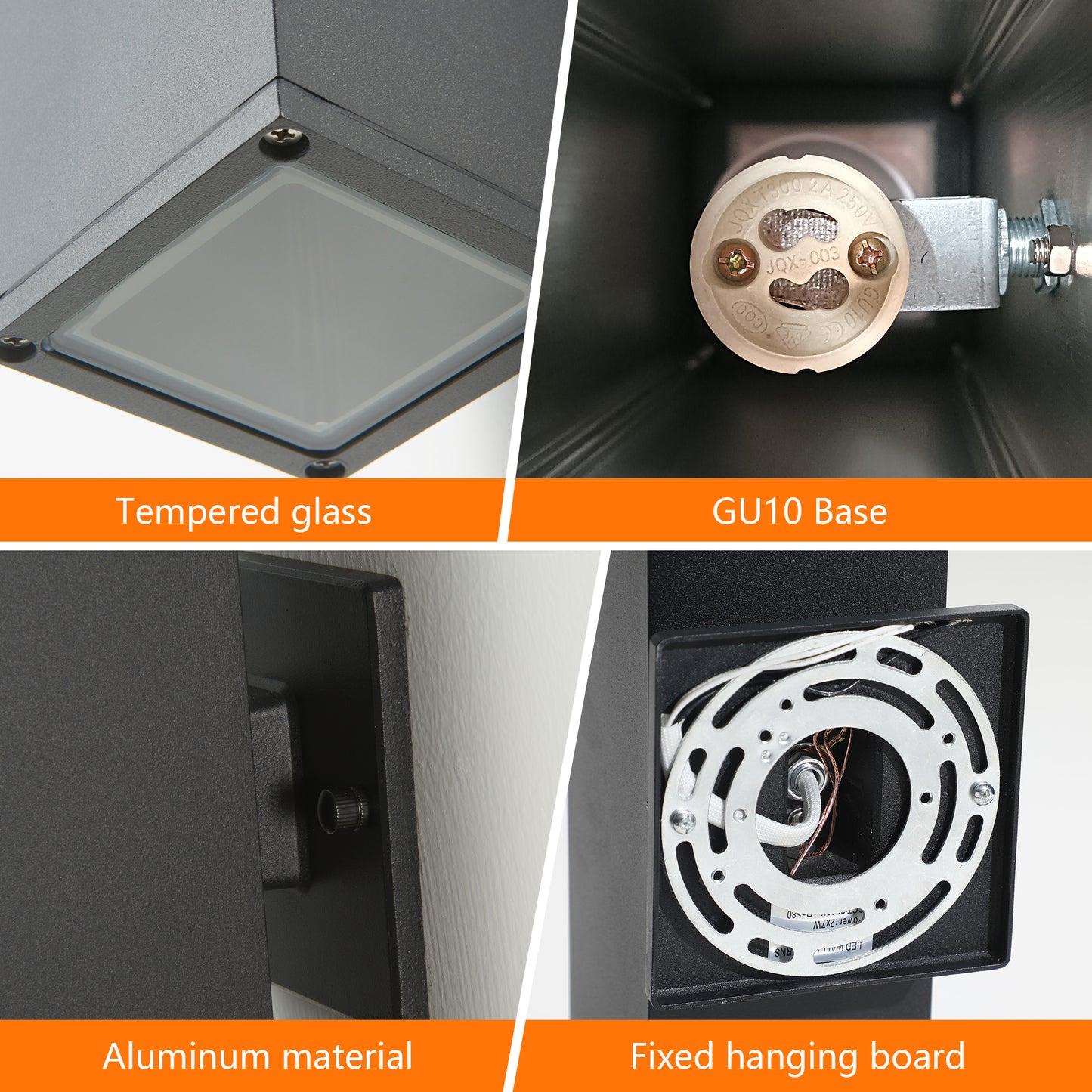 Closeup of a modern outdoor wall light featuring tempered glass top panel with screws