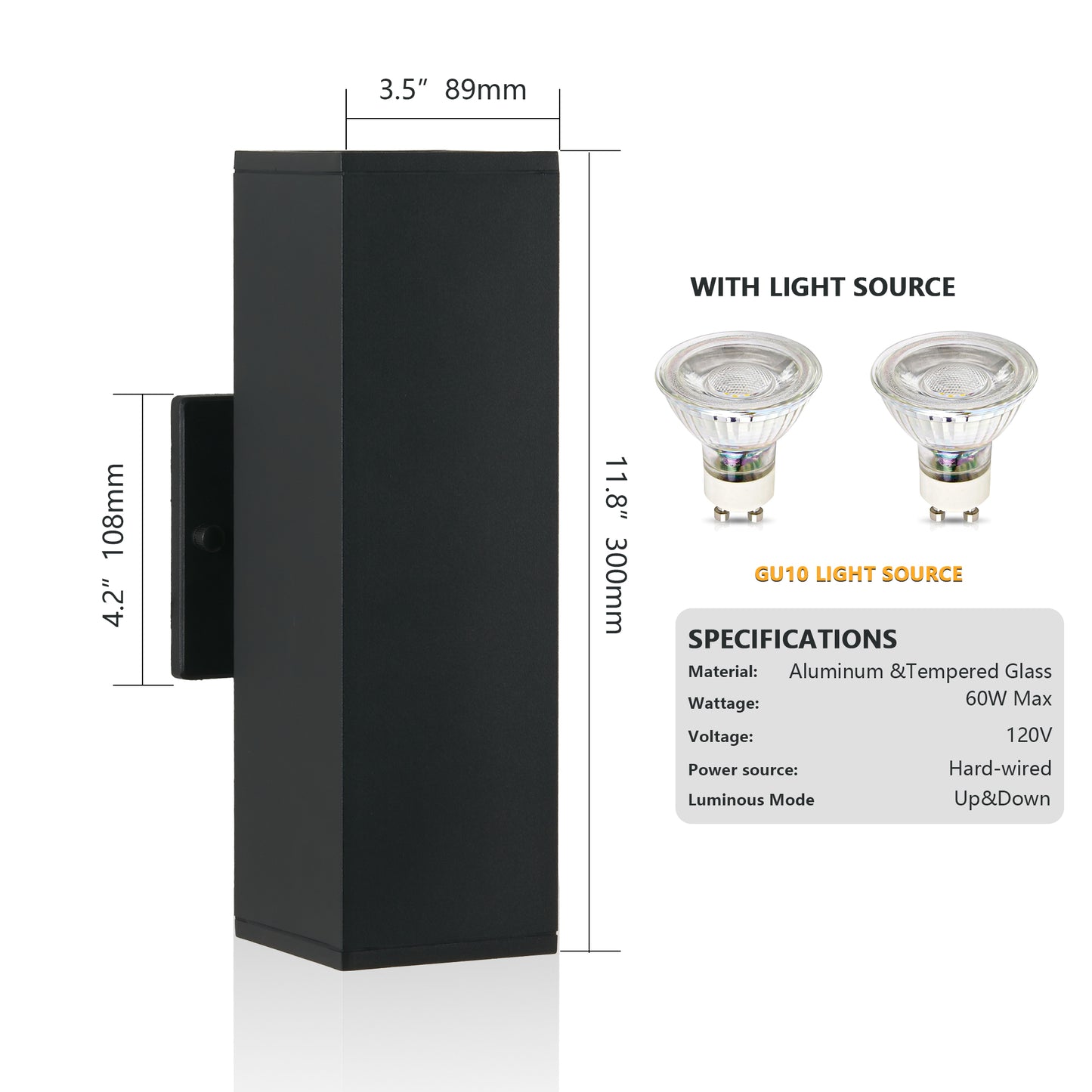 Black aluminum and tempered glass outdoor sconce up  down lighting