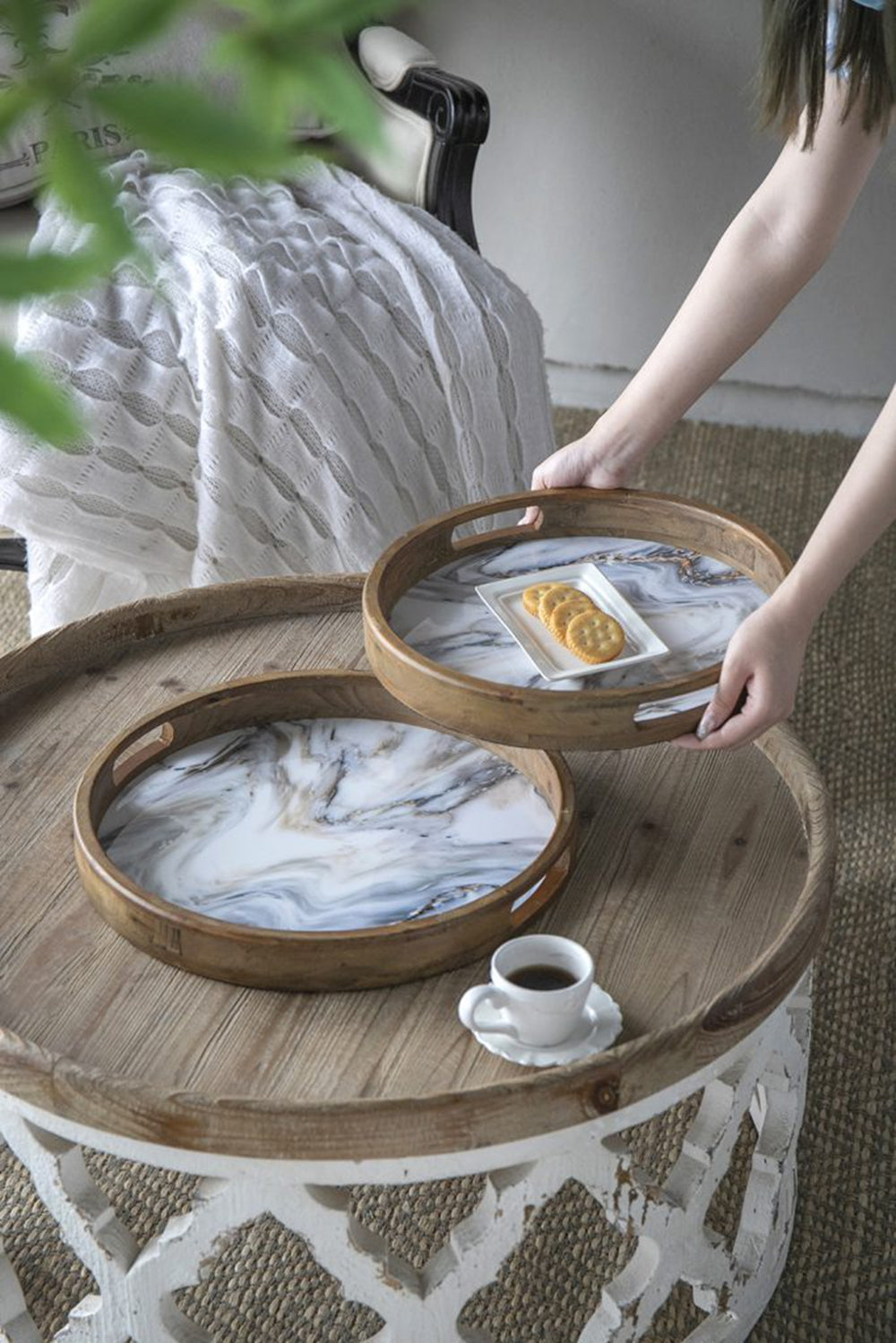 Round wooden serving tray with white and blue marbled resin inlay perfect for coffee time