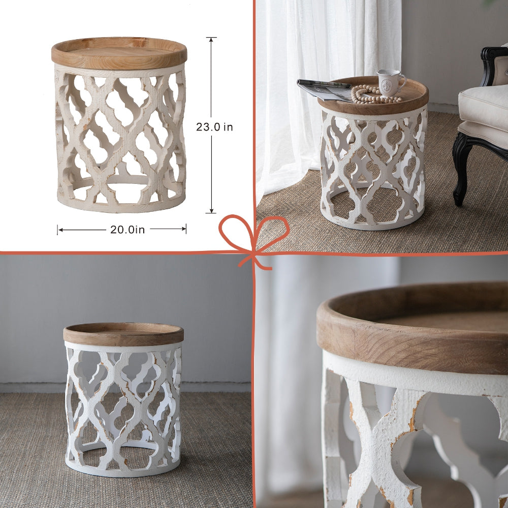 White distressed wood carved side table with natural wood top