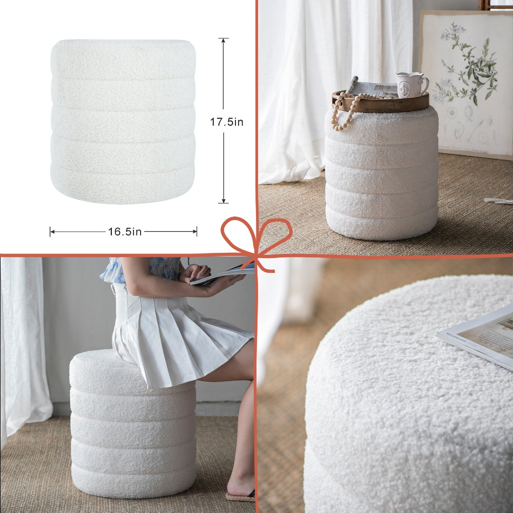 White boucle ottoman stool with plush cozy texture