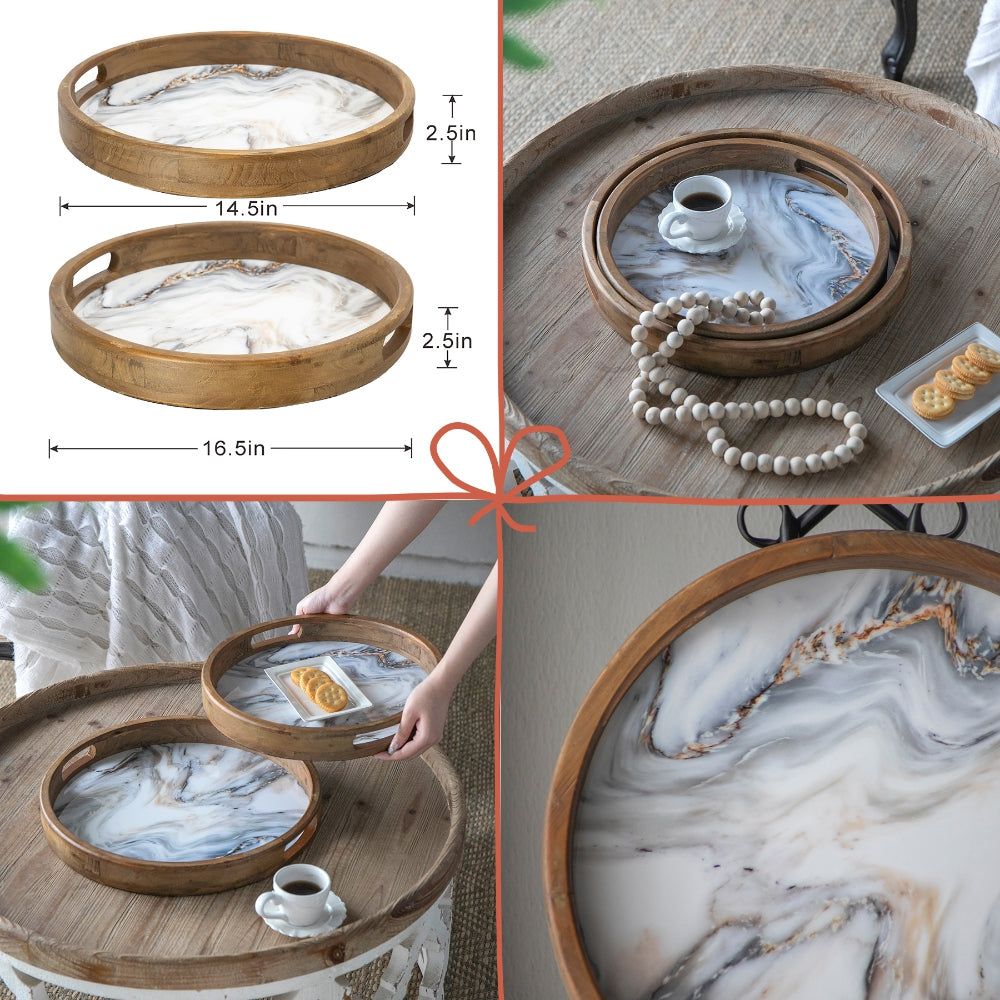 Round wooden tray with marblepatterned insert  inches wide