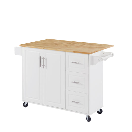 White kitchen island cart with butcher block top and silver hardware
