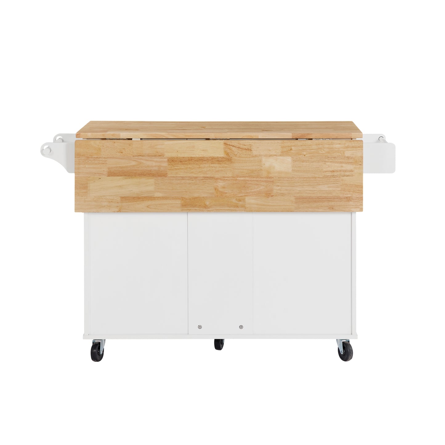 White kitchen island cart with butcher block top and casters
