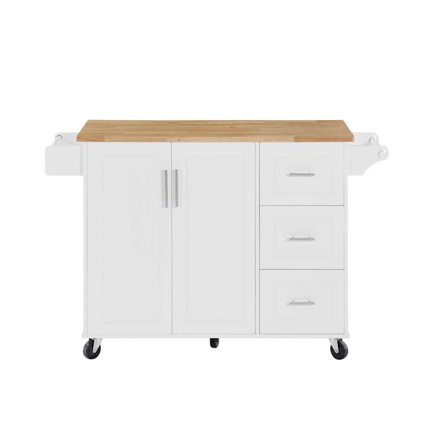 White kitchen island with a butcher block top