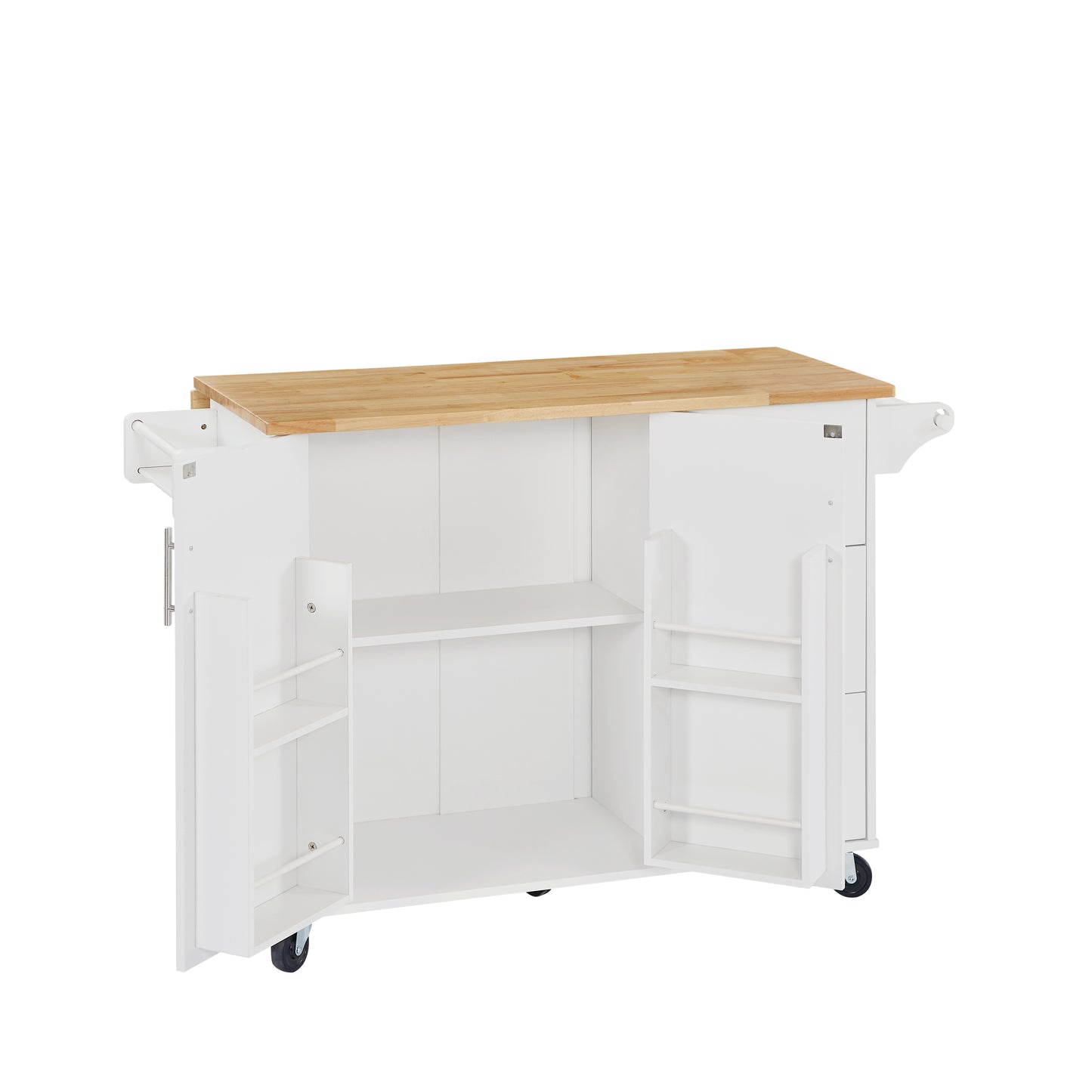 White kitchen cart with butcher block top and open storage shelves